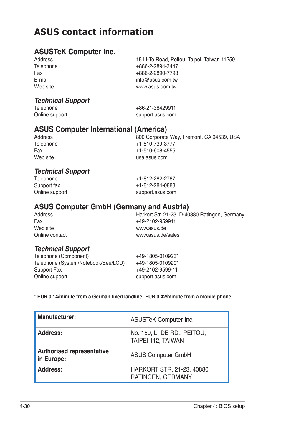 Asus contact information, Asustek computer inc, Asus computer international (america) | Asus computer gmbh (germany and austria), Technical support | Asus P6-P7H55E User Manual | Page 67 / 67