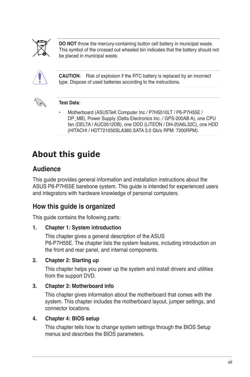 About this guide, Audience, How this guide is organized | Asus P6-P7H55E User Manual | Page 7 / 67