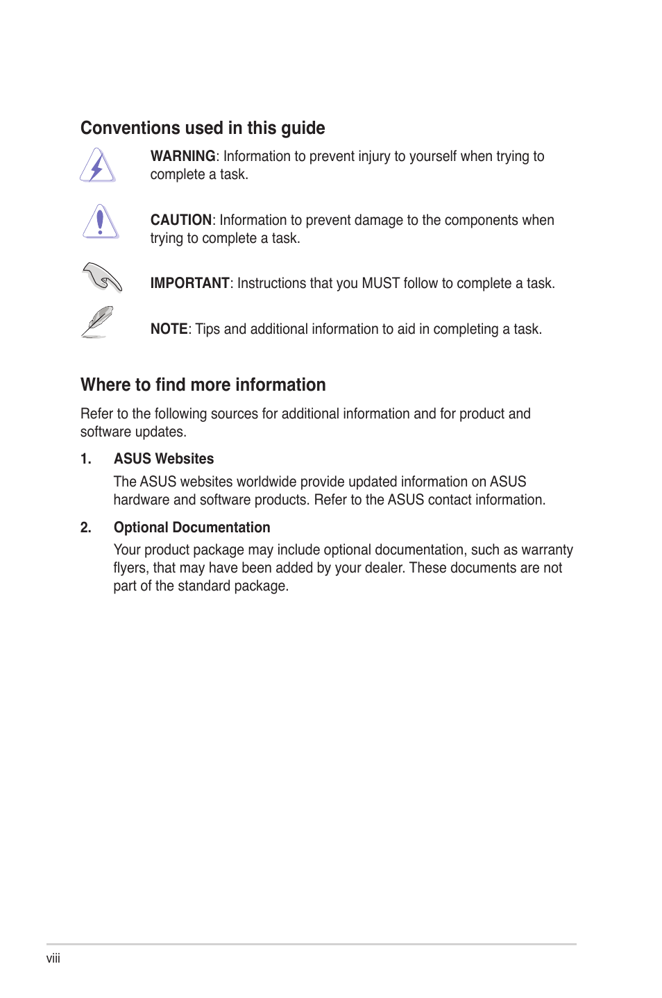 Conventions used in this guide, Where to find more information | Asus P6-P7H55E User Manual | Page 8 / 67