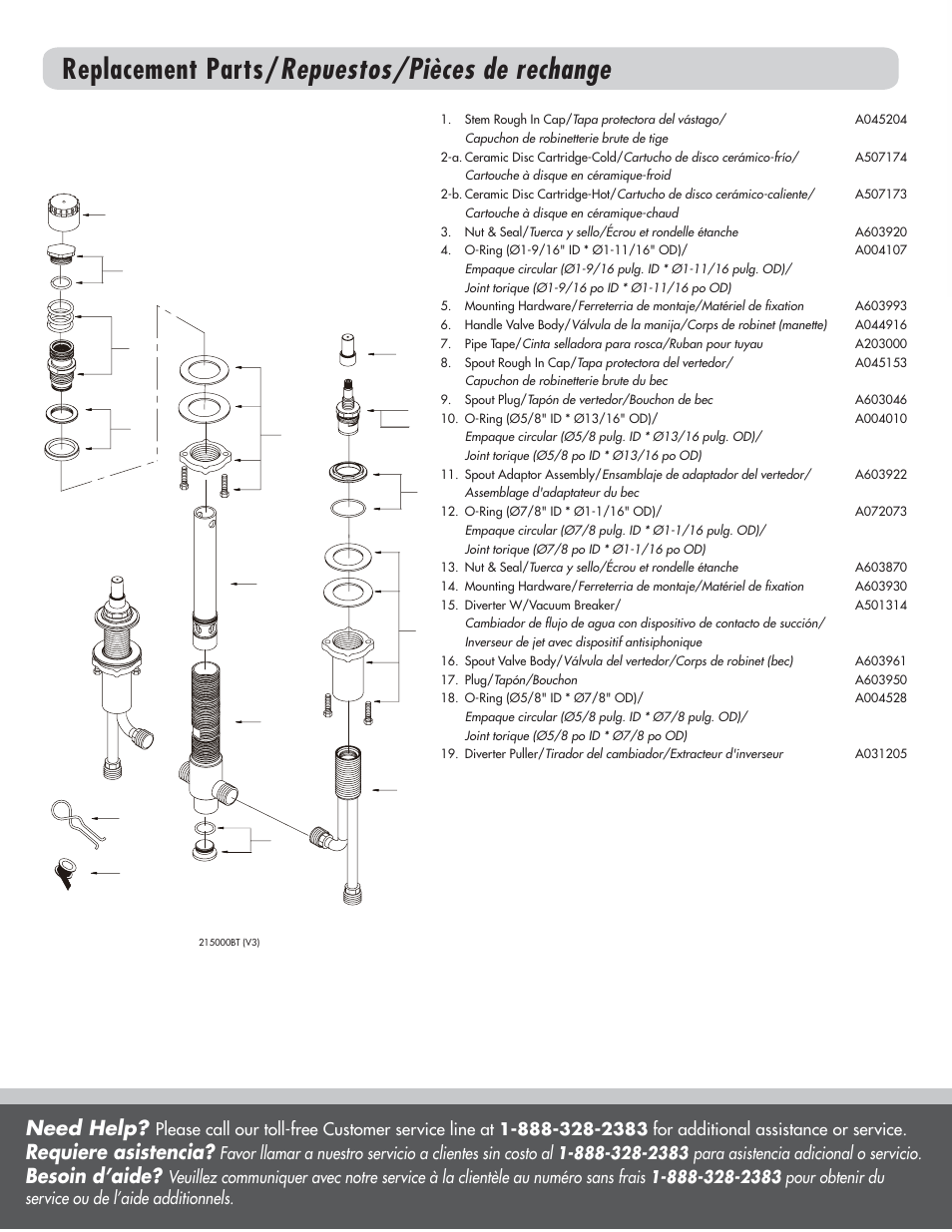 Replacement parts/ repuestos/pièces de rechange, Need help, Requiere asistencia | Besoin d’aide | Danze D215000BT - Installation Manual User Manual | Page 6 / 6