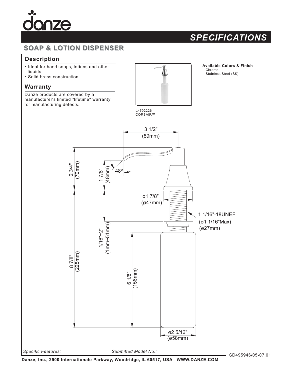 Danze DA502226 - Spec Sheets User Manual | 1 page