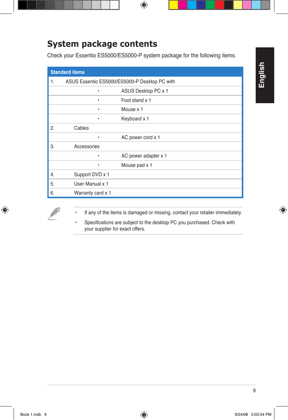 System package contents, English | Asus Essentio ES5000 User Manual | Page 10 / 174