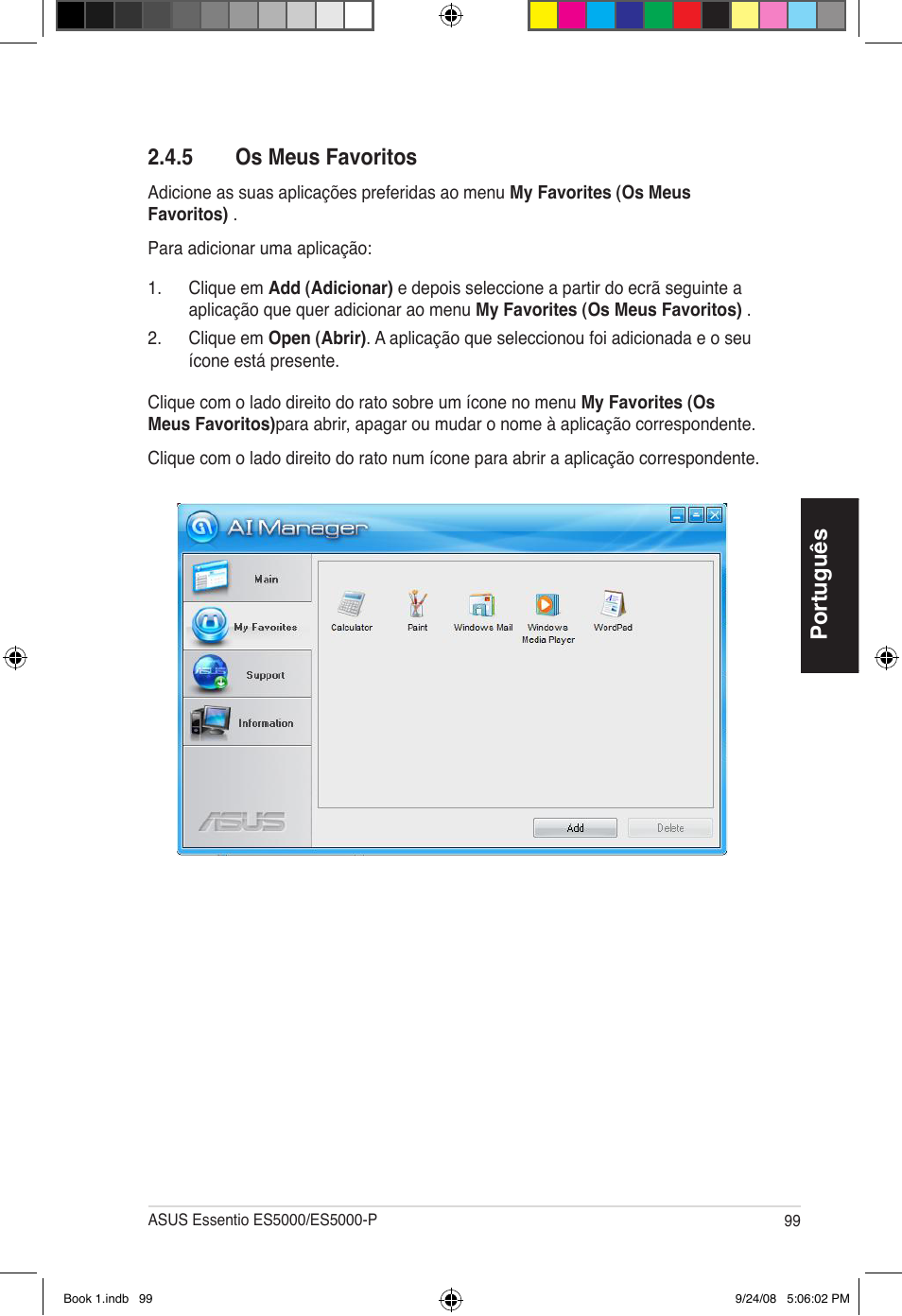 Português 2.4.5 os meus favoritos | Asus Essentio ES5000 User Manual | Page 100 / 174
