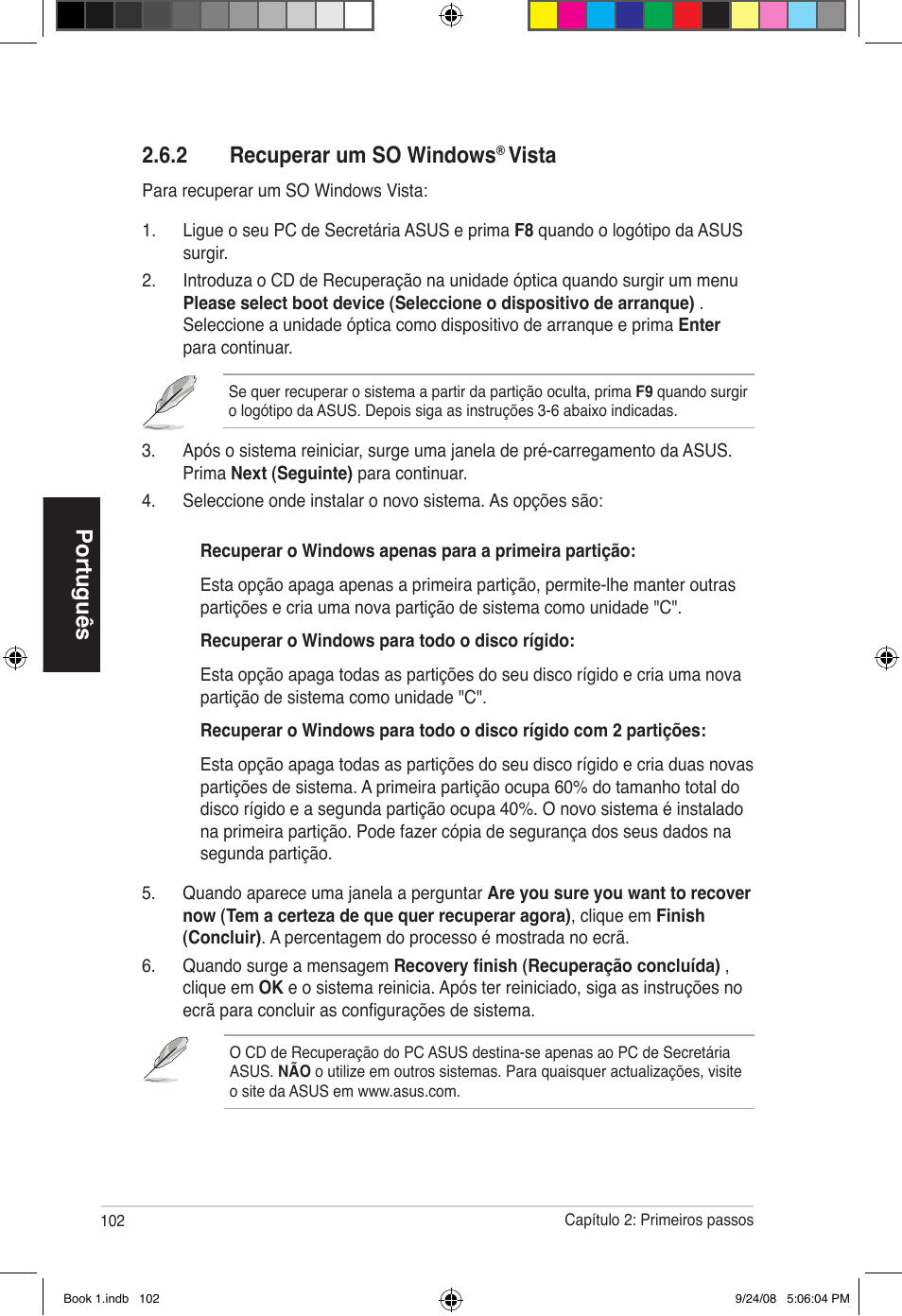 Português, 2 recuperar um so windows, Vista | Asus Essentio ES5000 User Manual | Page 103 / 174