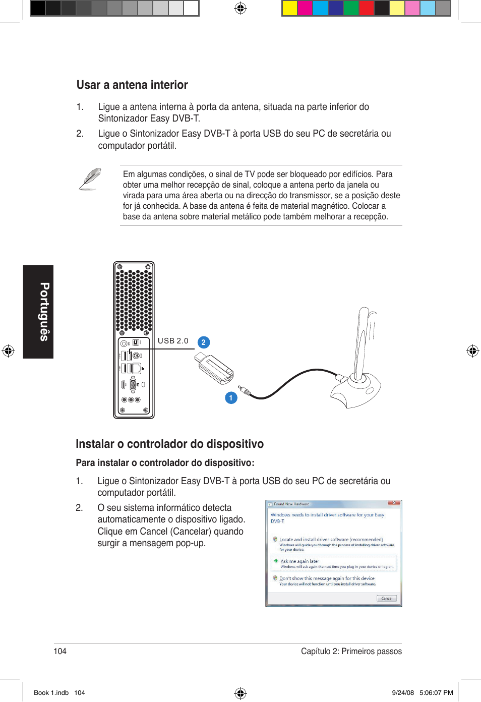 Português instalar o controlador do dispositivo, Usar a antena interior, 104 capítulo : primeiros passos | Asus Essentio ES5000 User Manual | Page 105 / 174