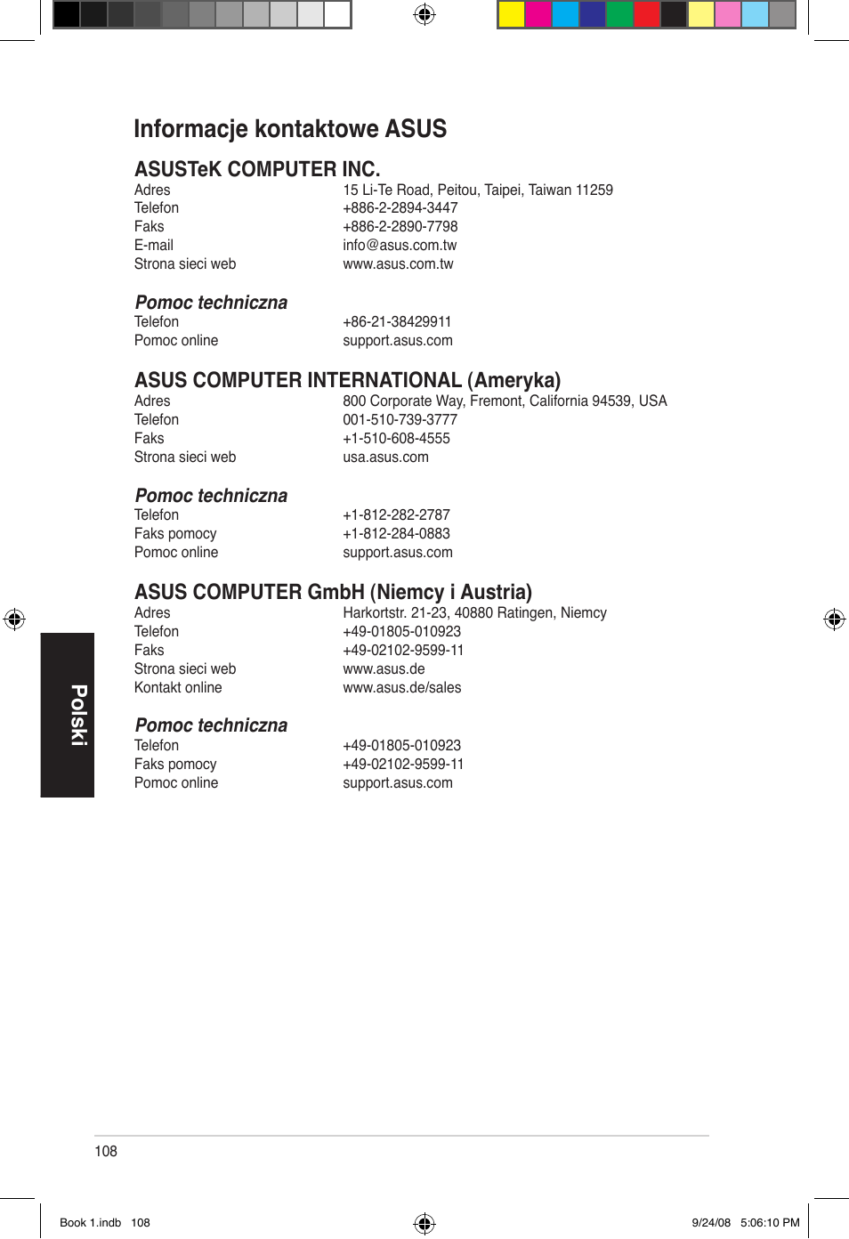 Informacje kontaktowe asus, Polski, Asustek computer inc | Asus computer international (ameryka), Asus computer gmbh (niemcy i austria), Pomoc techniczna | Asus Essentio ES5000 User Manual | Page 109 / 174