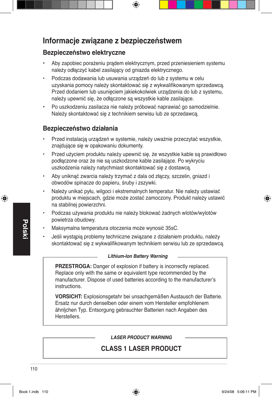 Informacje związane z bezpieczeństwem, Polski, Bezpieczeństwo elektryczne | Class 1 laser product bezpieczeństwo działania | Asus Essentio ES5000 User Manual | Page 111 / 174