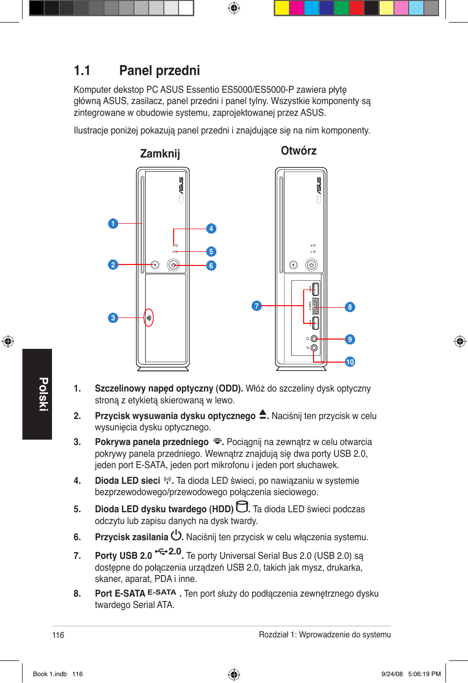 1 panel przedni, Polski, Zamknij otwórz | Asus Essentio ES5000 User Manual | Page 117 / 174