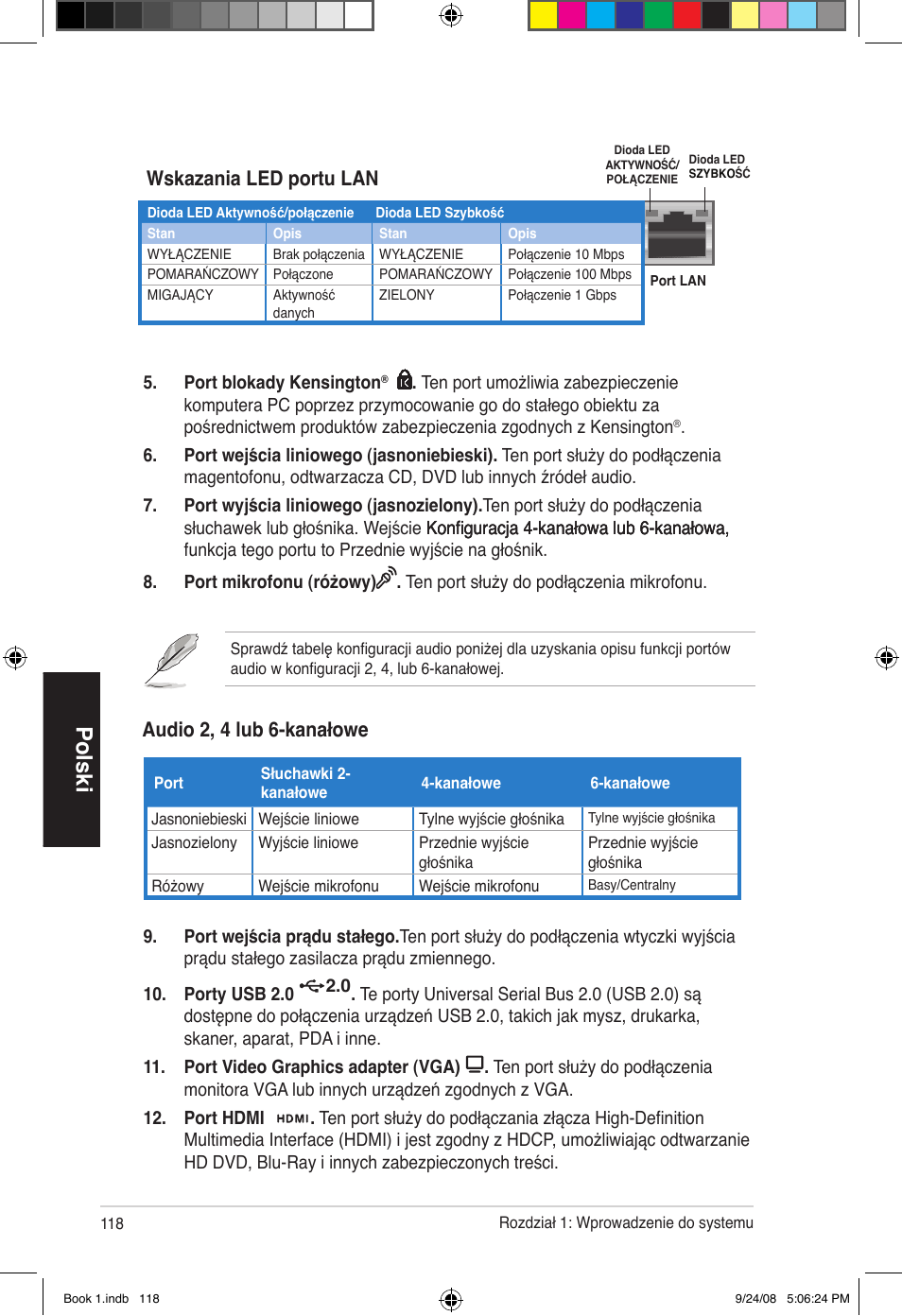 Polski, Audio 2, 4 lub 6-kanałowe, Wskazania led portu lan | Asus Essentio ES5000 User Manual | Page 119 / 174