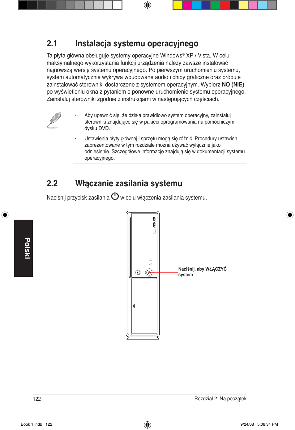 1 instalacja systemu operacyjnego, 2 włączanie zasilania systemu, Polski | Asus Essentio ES5000 User Manual | Page 123 / 174