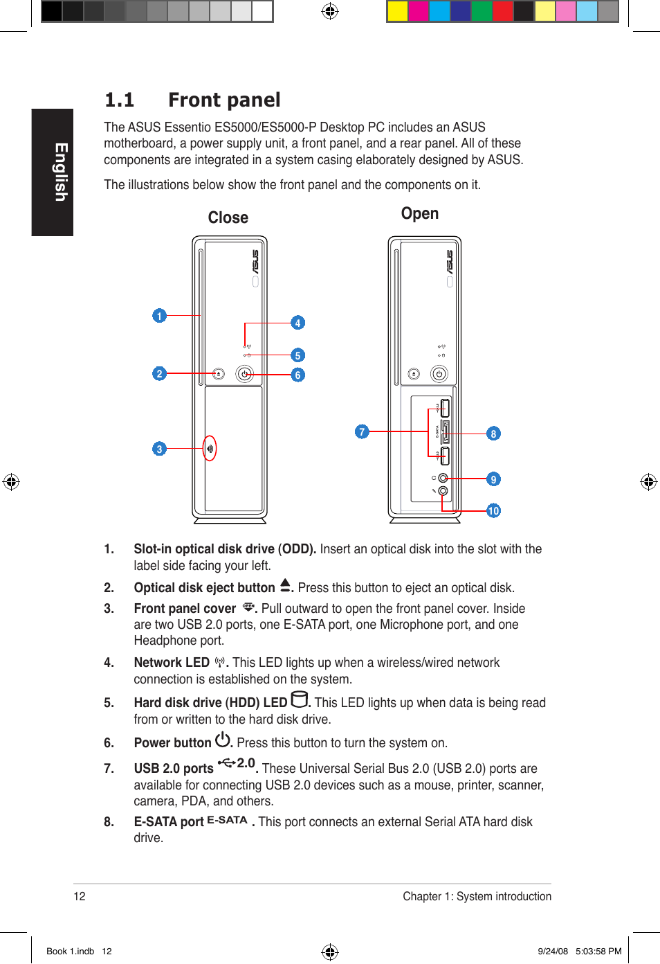 1 front panel, English, Close open | Asus Essentio ES5000 User Manual | Page 13 / 174