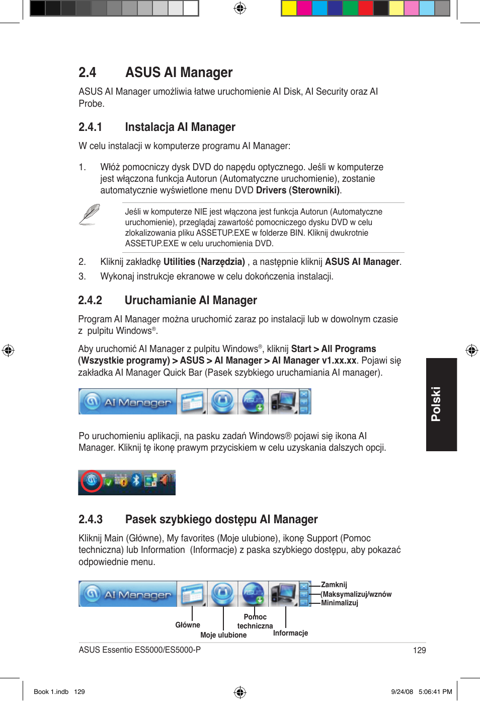 4 asus ai manager, Polski, 1 instalacja ai manager | 2 uruchamianie ai manager, 3 pasek szybkiego dostępu ai manager | Asus Essentio ES5000 User Manual | Page 130 / 174