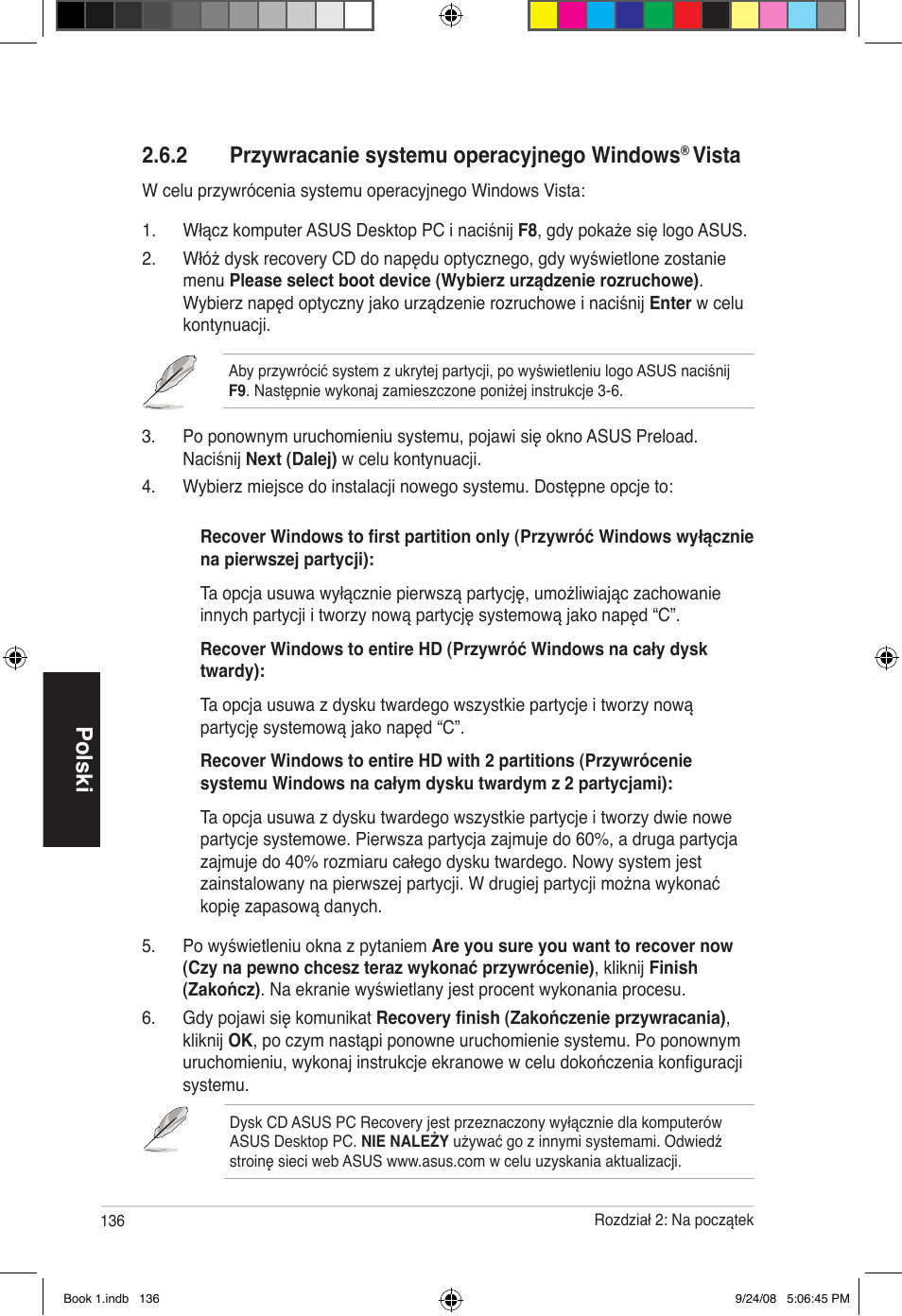 Polski, 2 przywracanie systemu operacyjnego windows, Vista | Asus Essentio ES5000 User Manual | Page 137 / 174