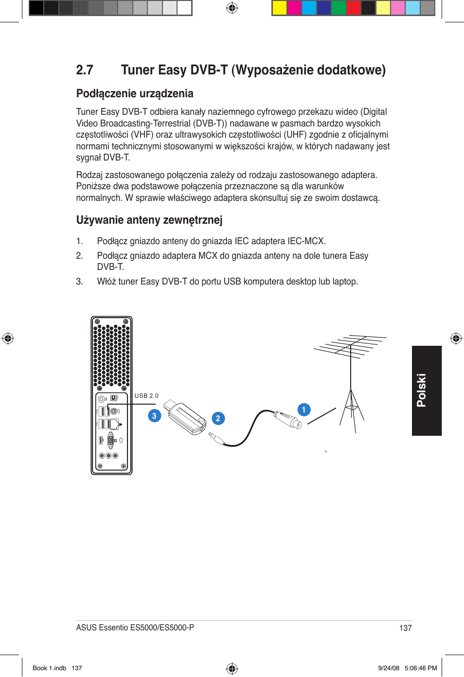 7 tuner easy dvb-t (wyposażenie dodatkowe), Polski, Podłączenie urządzenia | Używanie anteny zewnętrznej | Asus Essentio ES5000 User Manual | Page 138 / 174