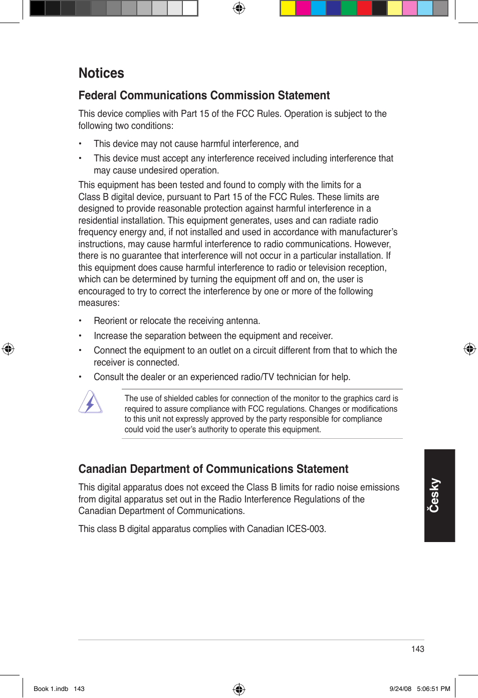 Notices, Česky, Federal communications commission statement | Canadian department of communications statement | Asus Essentio ES5000 User Manual | Page 144 / 174