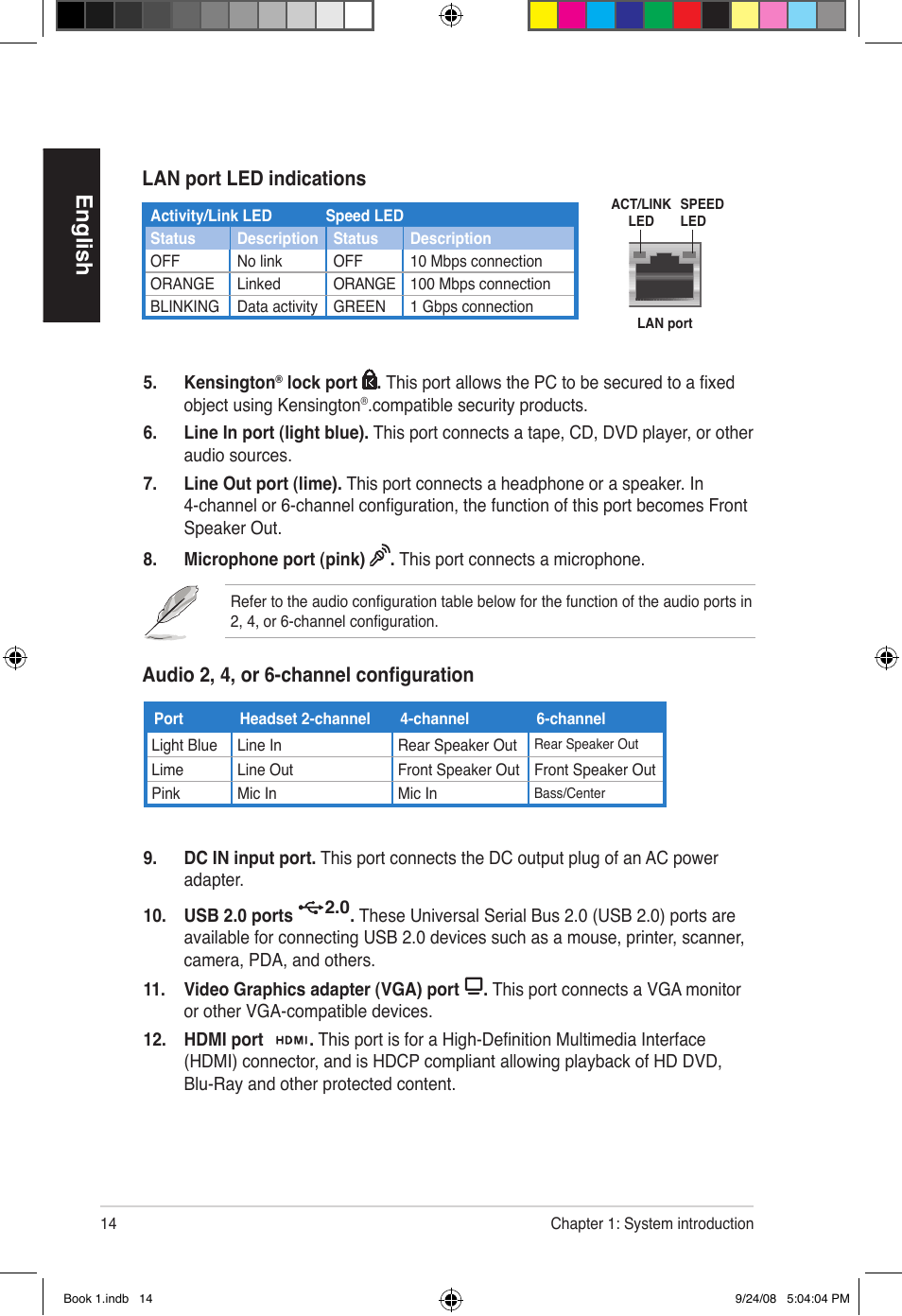 English, Audio 2, 4, or 6-channel configuration, Lan port led indications | Asus Essentio ES5000 User Manual | Page 15 / 174