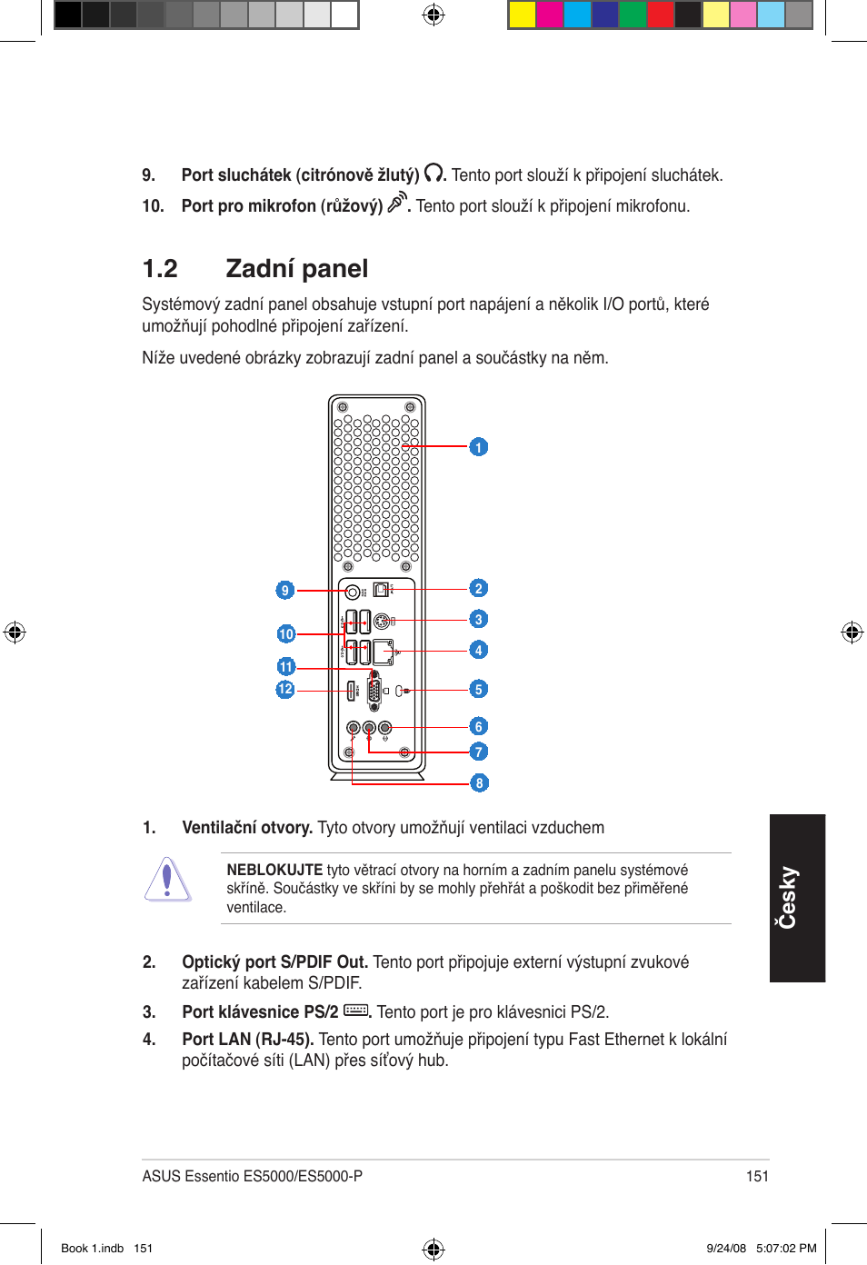 2 zadní panel, Česky | Asus Essentio ES5000 User Manual | Page 152 / 174