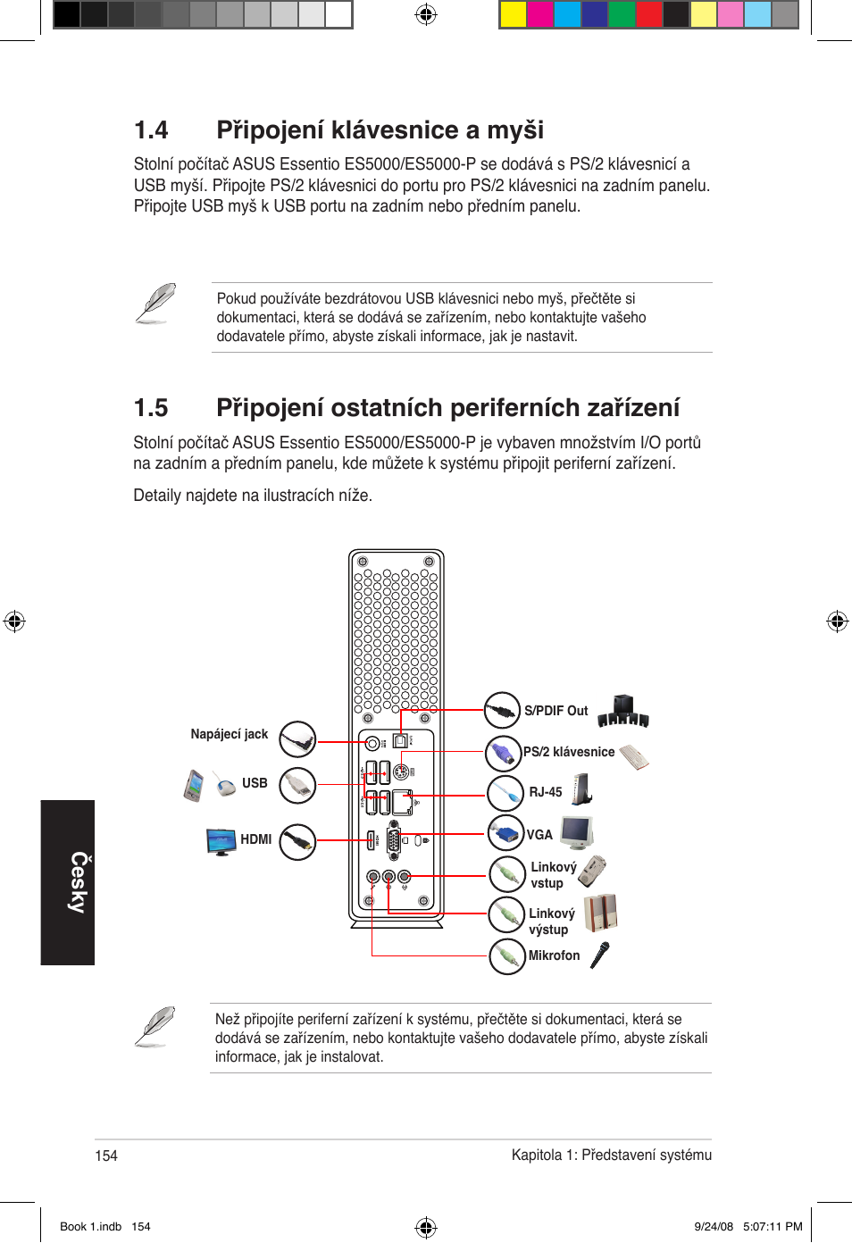 4 připojení klávesnice a myši, 5 připojení ostatních periferních zařízení, Česky | Asus Essentio ES5000 User Manual | Page 155 / 174