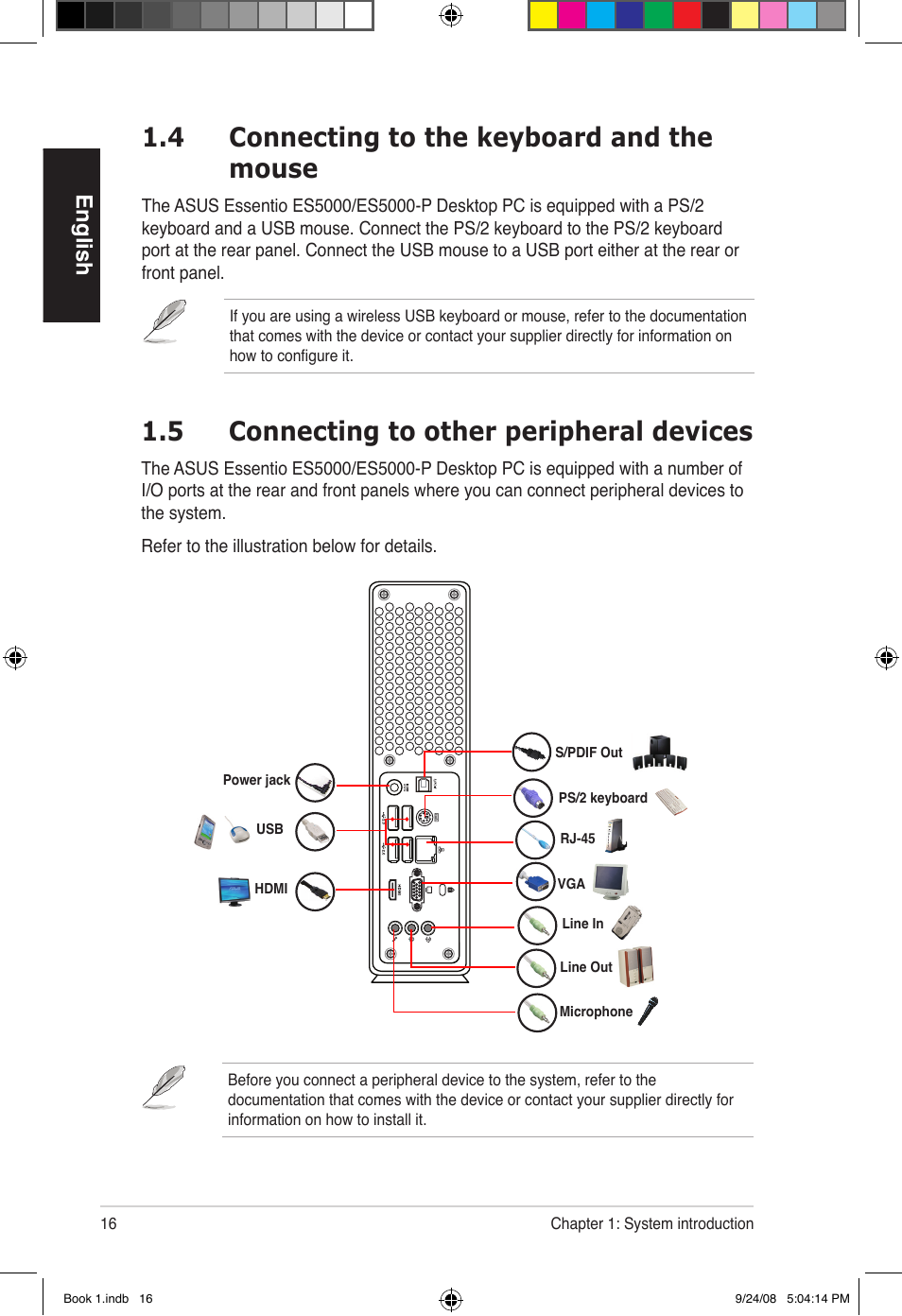 4 connecting to the keyboard and the mouse, 5 connecting to other peripheral devices, English | Asus Essentio ES5000 User Manual | Page 17 / 174