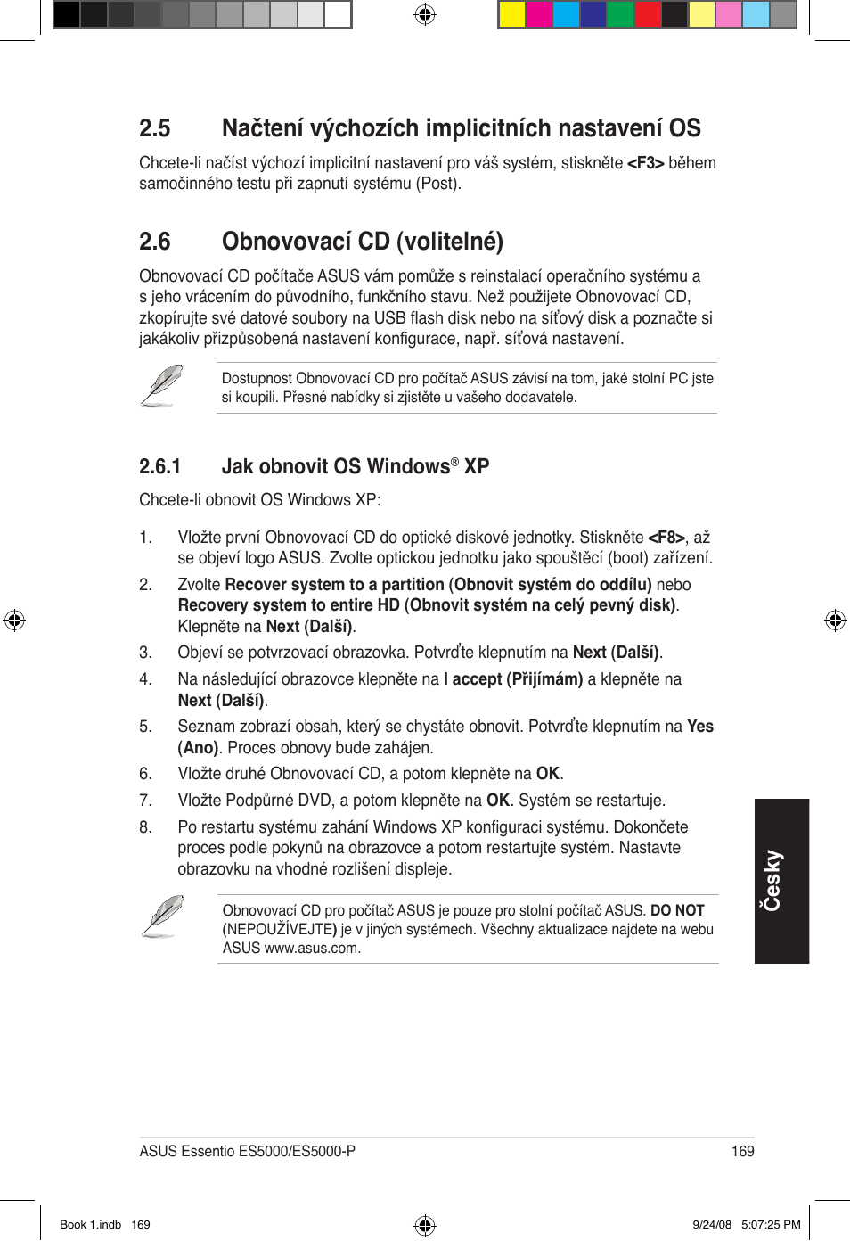 6 obnovovací cd (volitelné), 5 načtení výchozích implicitních nastavení os | Asus Essentio ES5000 User Manual | Page 170 / 174