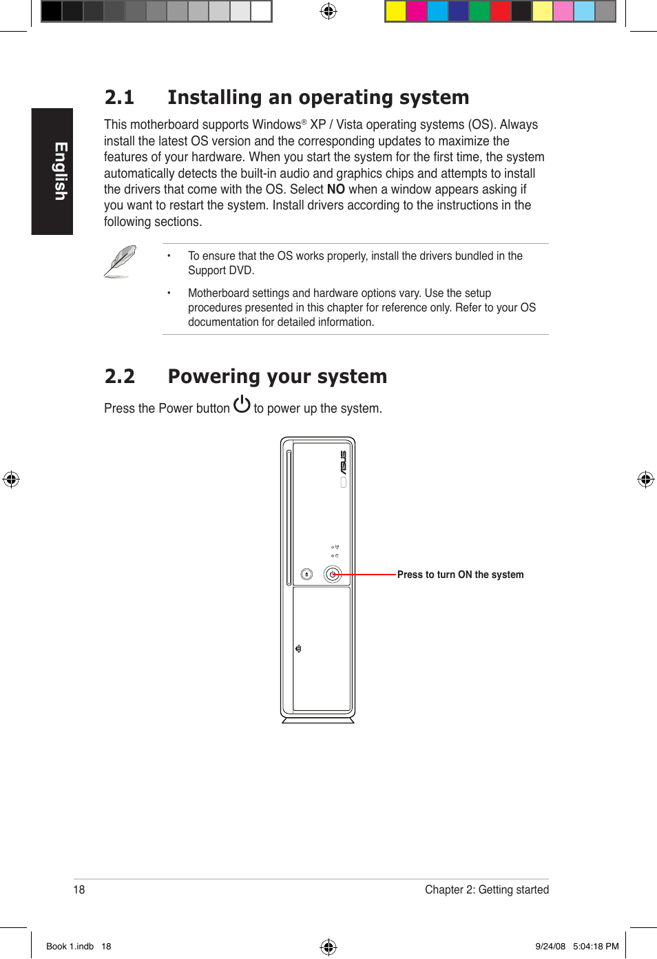 1 installing an operating system, 2 powering your system, English | Asus Essentio ES5000 User Manual | Page 19 / 174