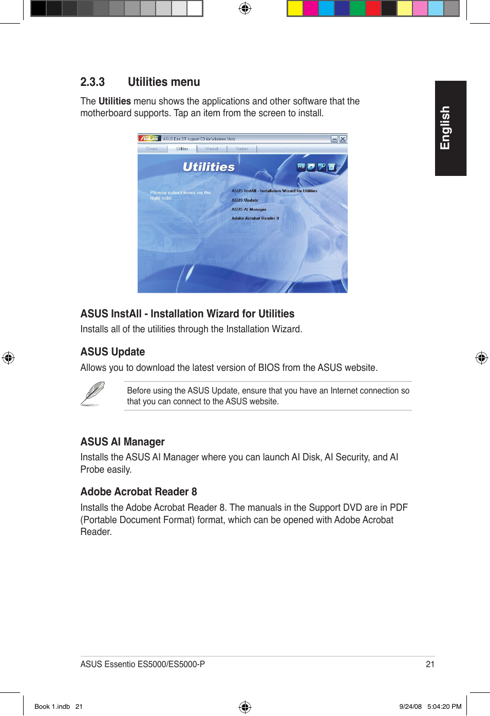 English 2.3.3 utilities menu | Asus Essentio ES5000 User Manual | Page 22 / 174