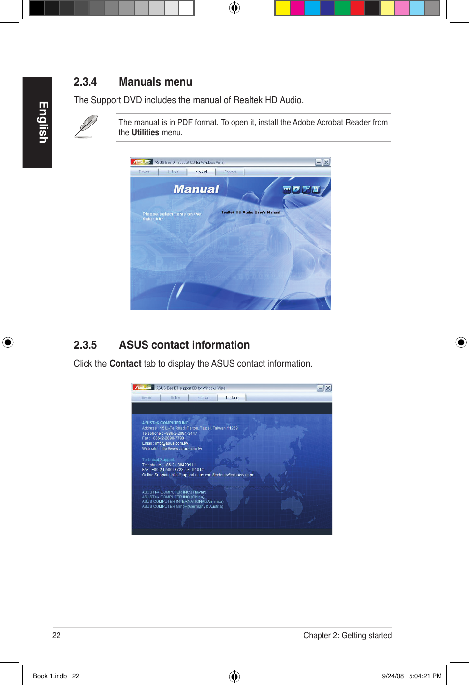 English 2.3.4 manuals menu, 5 asus contact information | Asus Essentio ES5000 User Manual | Page 23 / 174