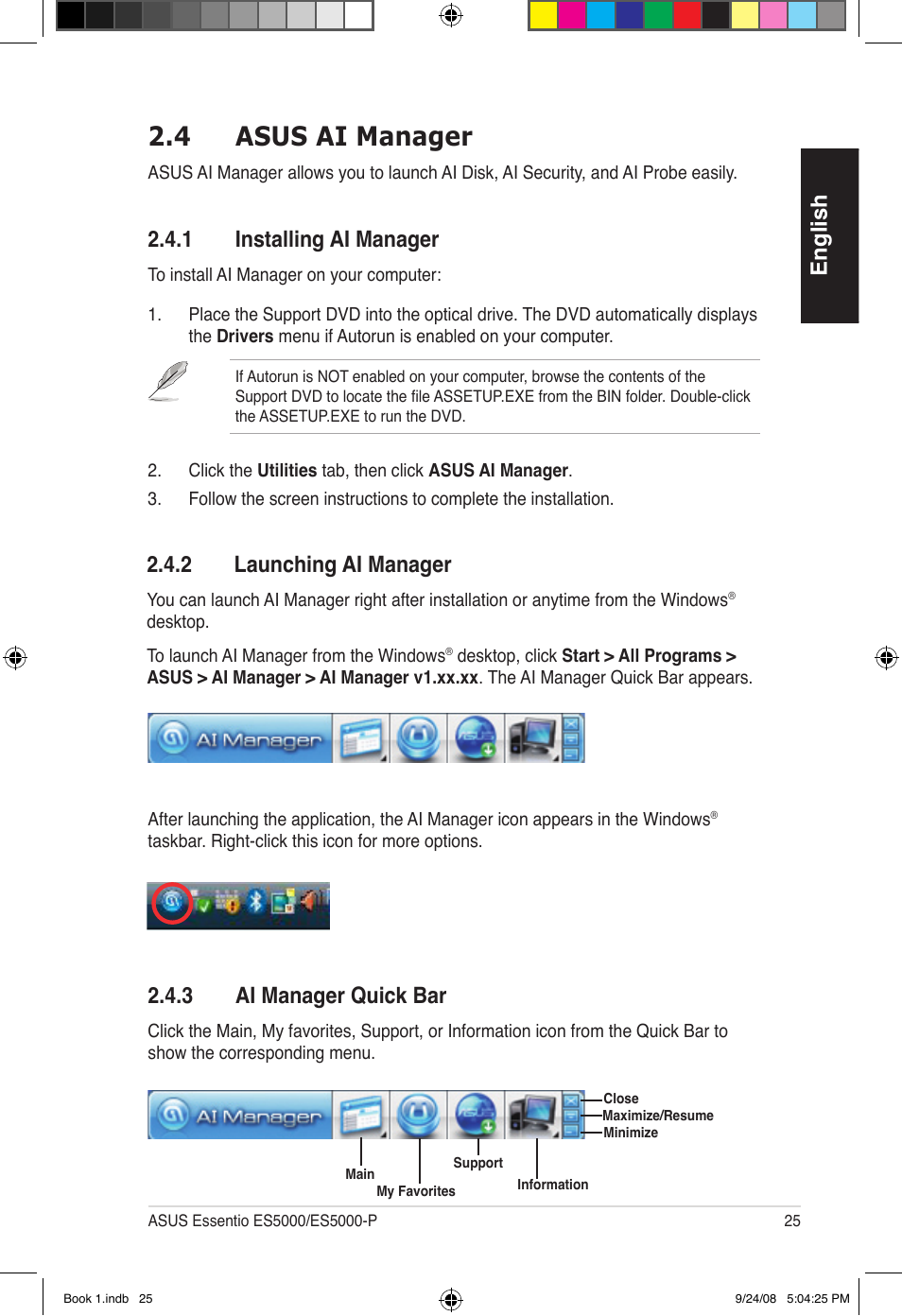 4 asus ai manager, English, 1 installing ai manager | 2 launching ai manager, 3 ai manager quick bar | Asus Essentio ES5000 User Manual | Page 26 / 174