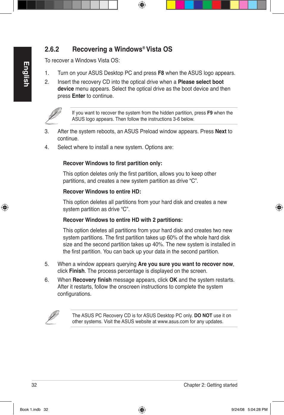 English, 2 recovering a windows, Vista os | Asus Essentio ES5000 User Manual | Page 33 / 174