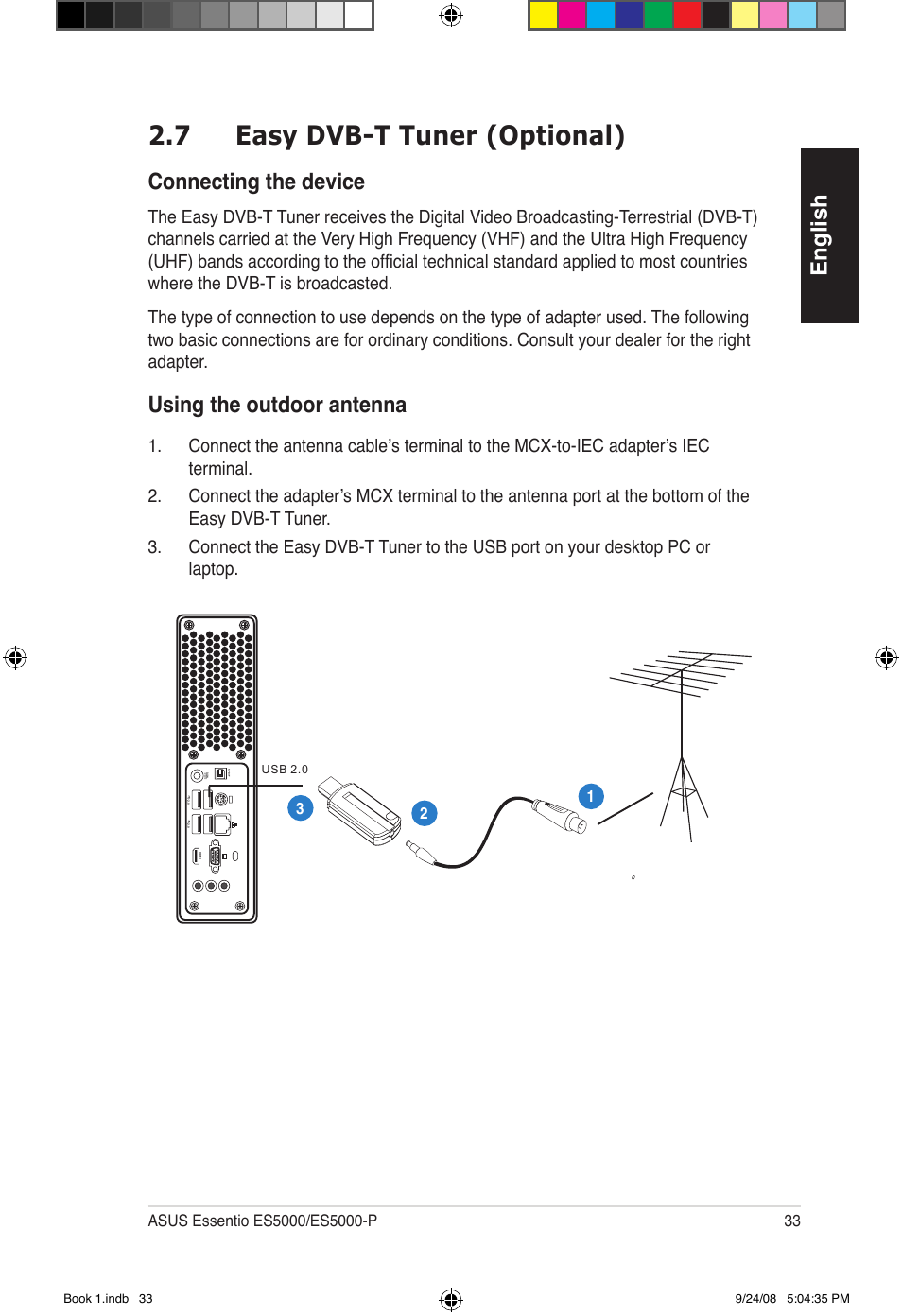 7 easy dvb-t tuner (optional), English, Connecting the device | Using the outdoor antenna | Asus Essentio ES5000 User Manual | Page 34 / 174