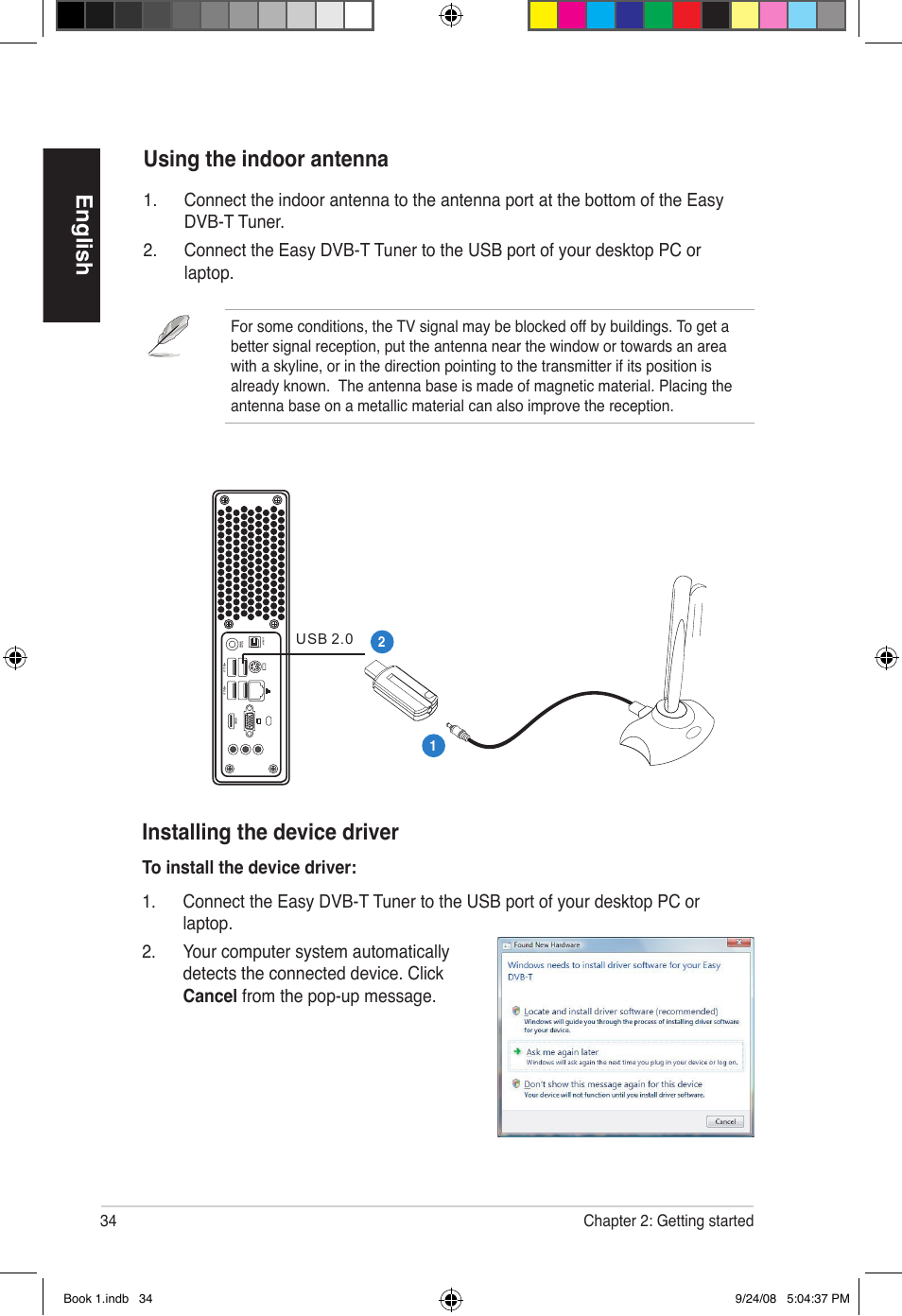 English installing the device driver, Using the indoor antenna, 34 chapter : getting started | Asus Essentio ES5000 User Manual | Page 35 / 174