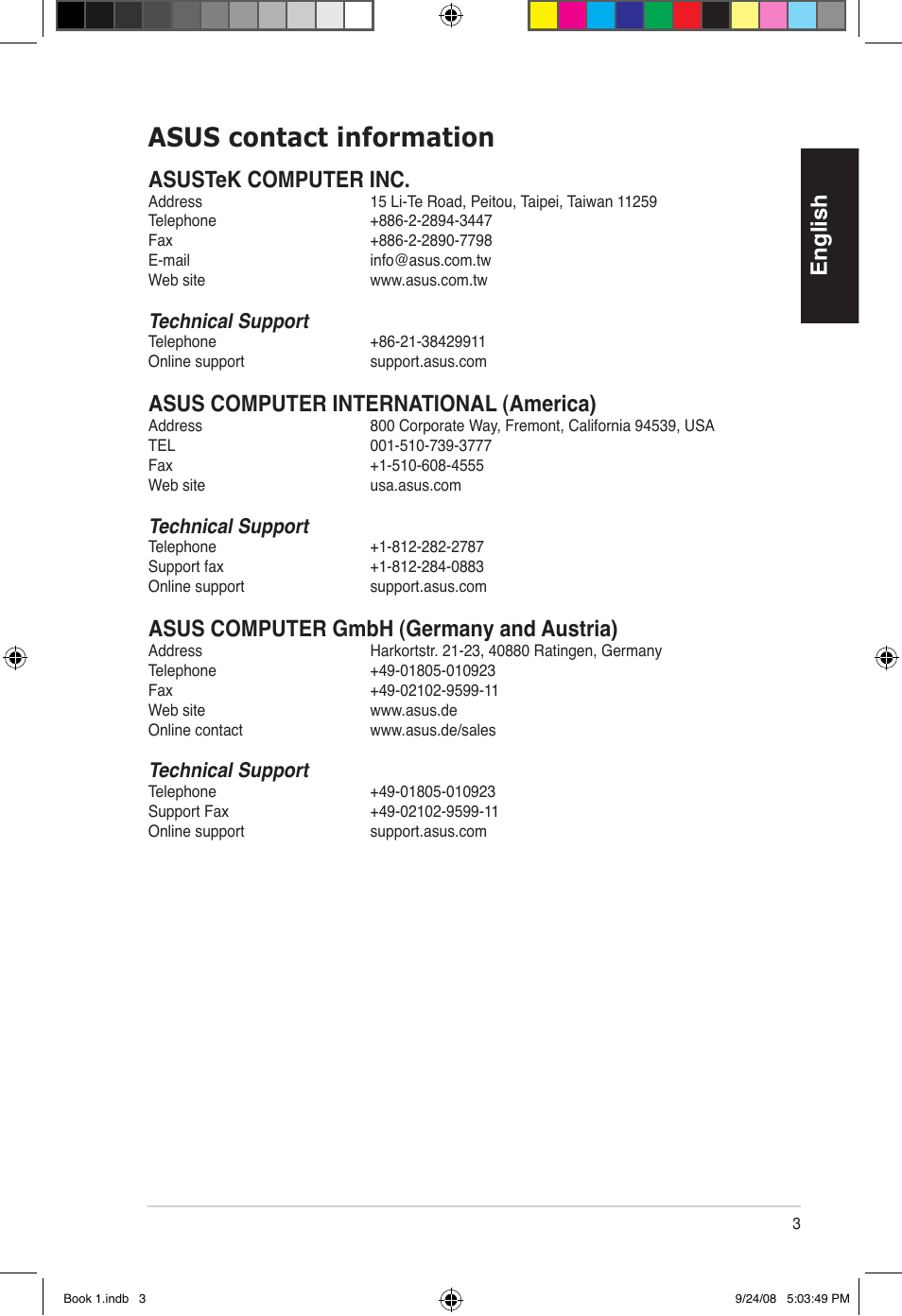 Asus contact information, English, Asustek computer inc | Asus computer international (america), Asus computer gmbh (germany and austria), Technical support | Asus Essentio ES5000 User Manual | Page 4 / 174