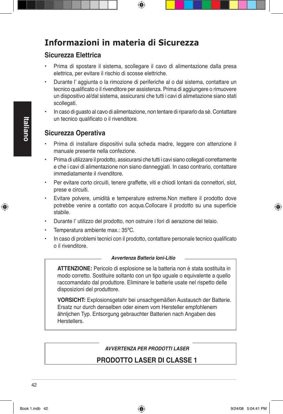 Informazioni in materia di sicurezza, Italiano, Sicurezza elettrica | Prodotto laser di classe 1 sicurezza operativa | Asus Essentio ES5000 User Manual | Page 43 / 174