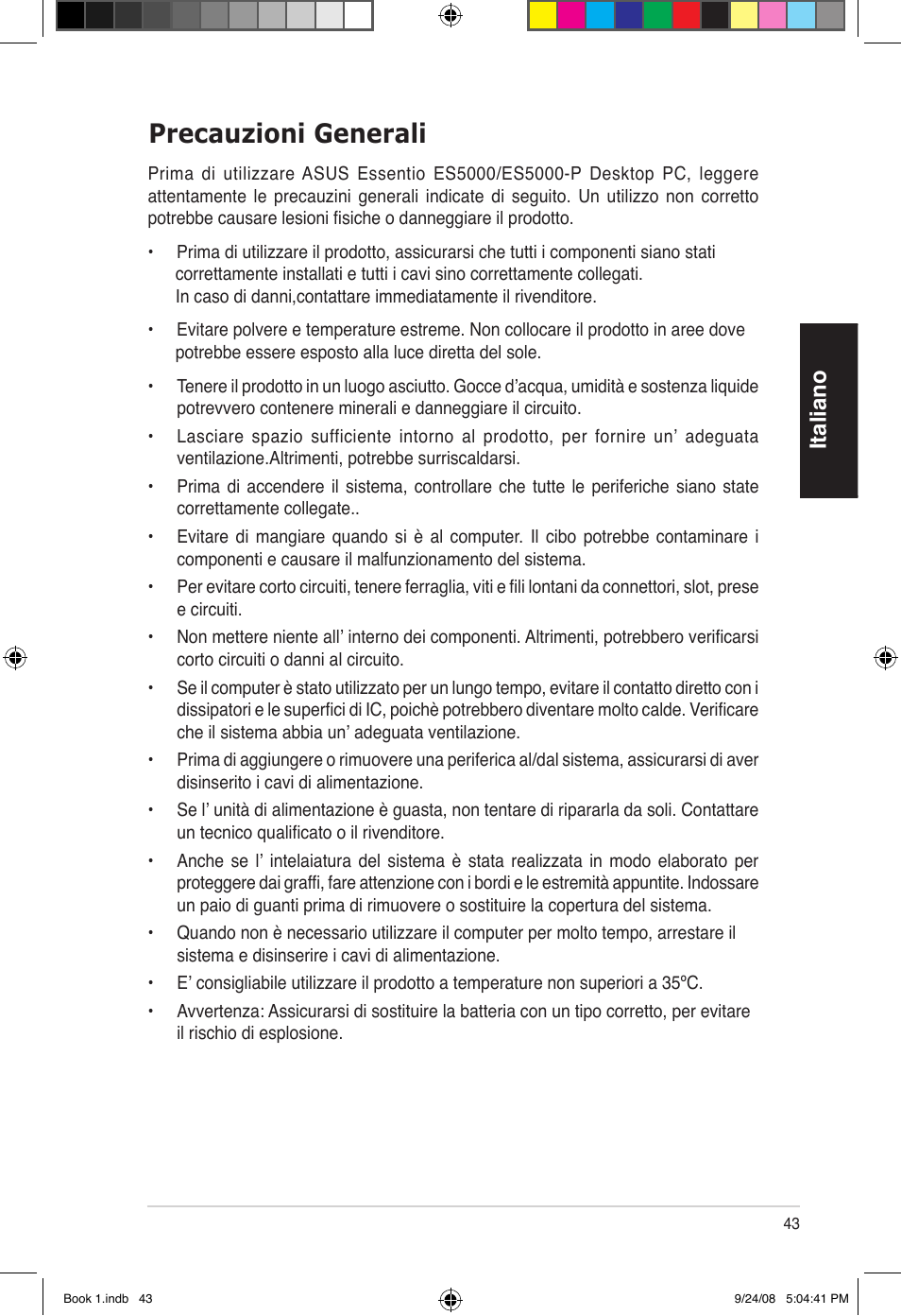 Precauzioni generali, Italiano | Asus Essentio ES5000 User Manual | Page 44 / 174