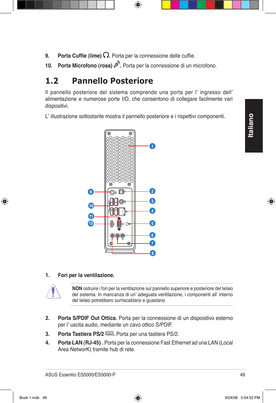 2 pannello posteriore, Italiano | Asus Essentio ES5000 User Manual | Page 50 / 174