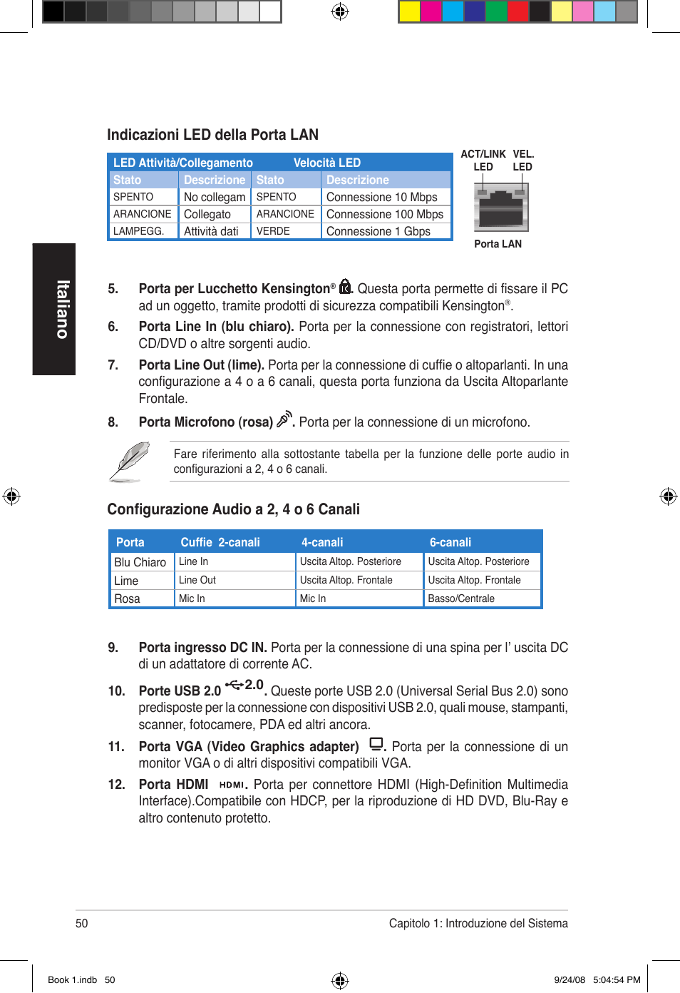 Italiano, Configurazione audio a 2, 4 o 6 canali, Indicazioni led della porta lan | Asus Essentio ES5000 User Manual | Page 51 / 174