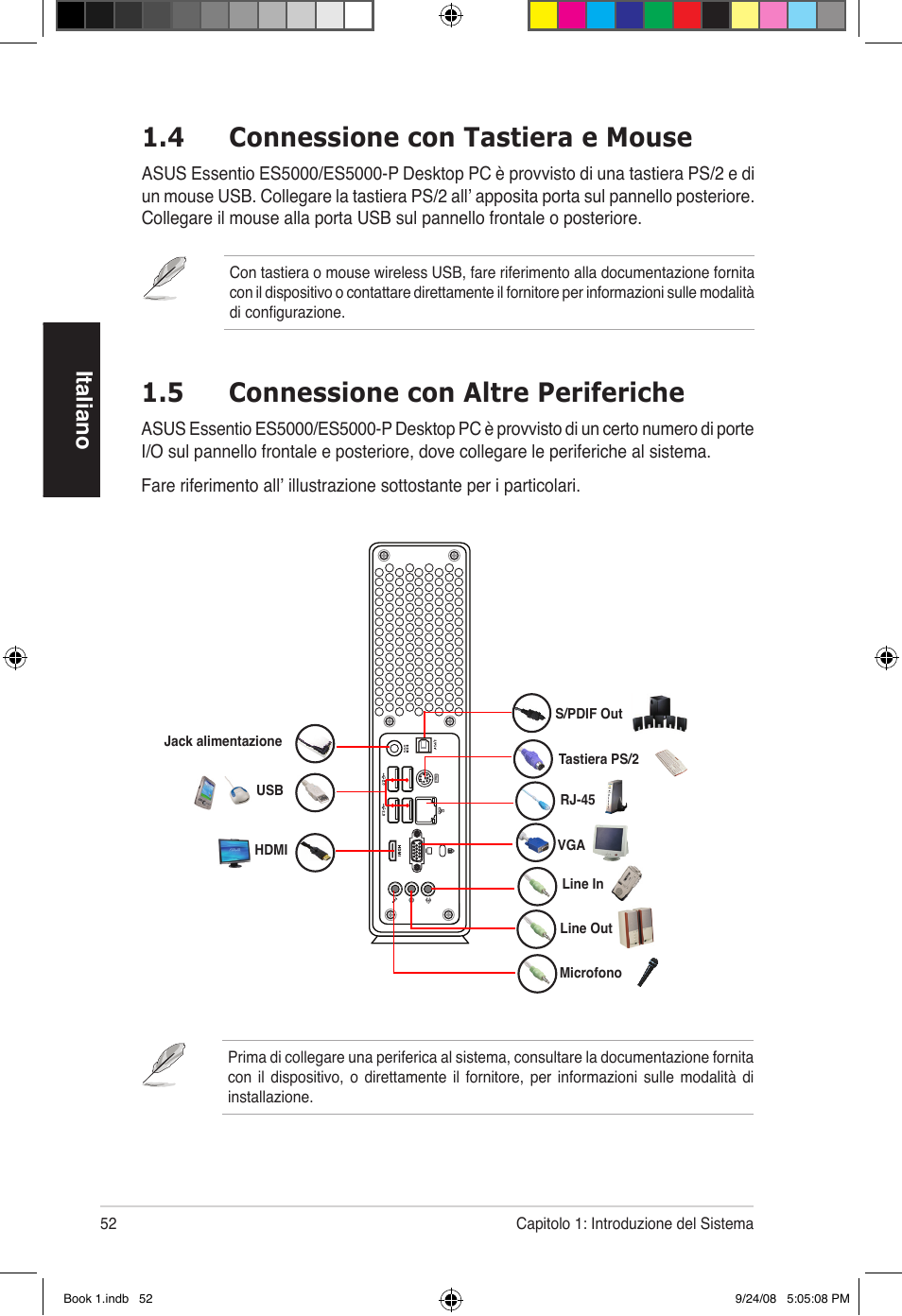 4 connessione con tastiera e mouse, 5 connessione con altre periferiche, Italiano | Asus Essentio ES5000 User Manual | Page 53 / 174