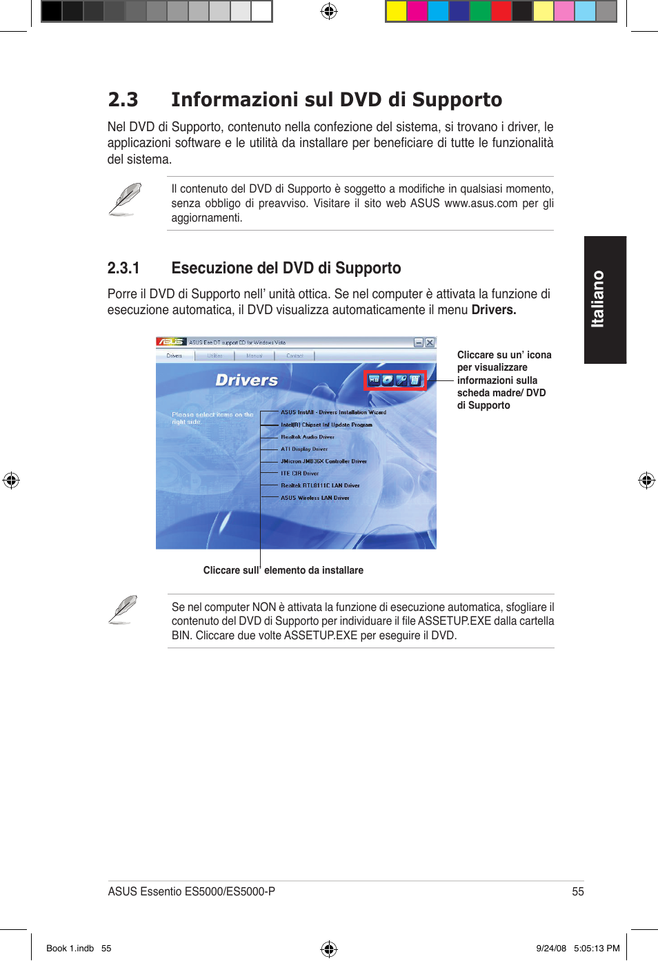 3 informazioni sul dvd di supporto, Italiano, 1 esecuzione del dvd di supporto | Asus Essentio ES5000 User Manual | Page 56 / 174