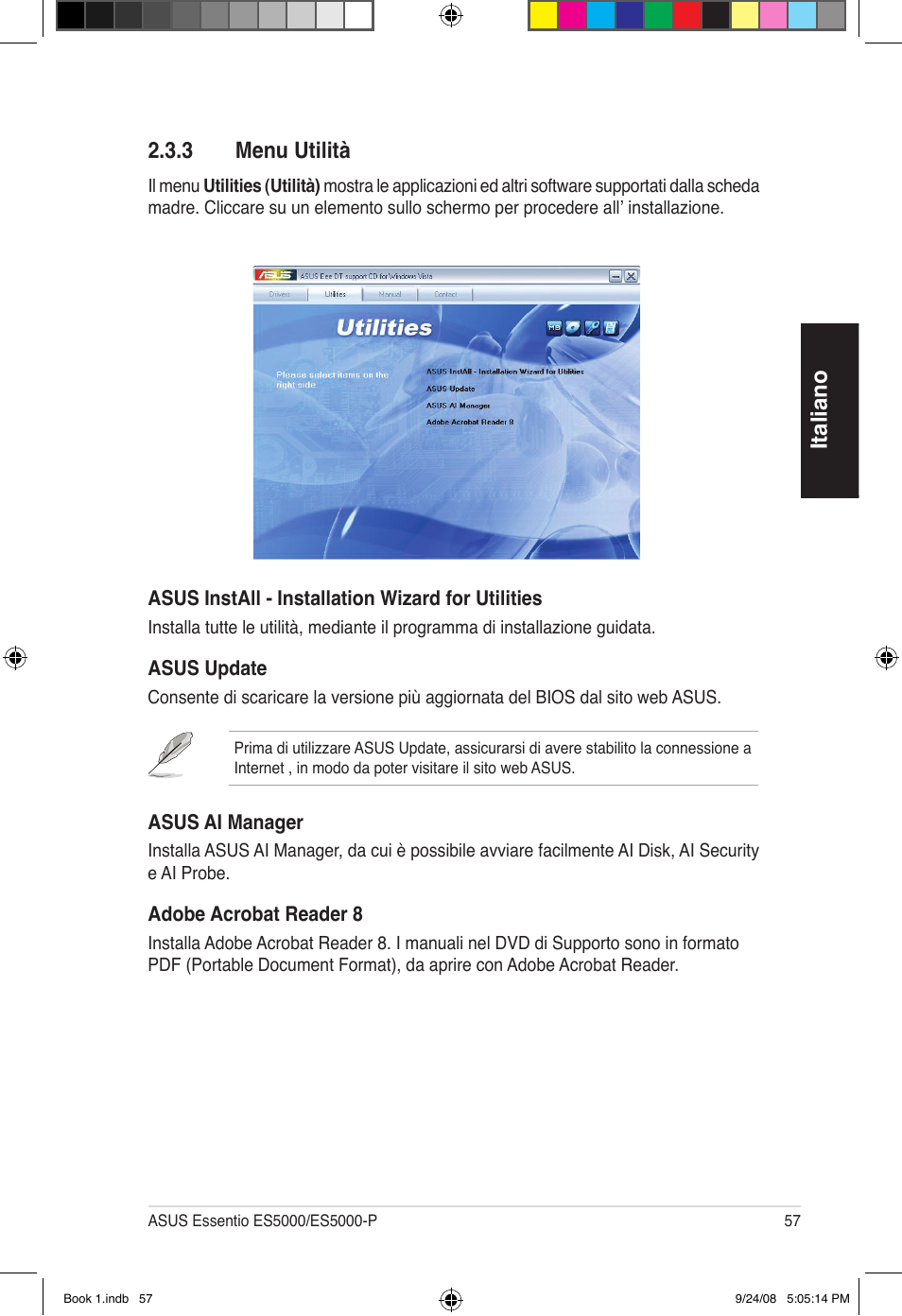 Italiano 2.3.3 menu utilità | Asus Essentio ES5000 User Manual | Page 58 / 174