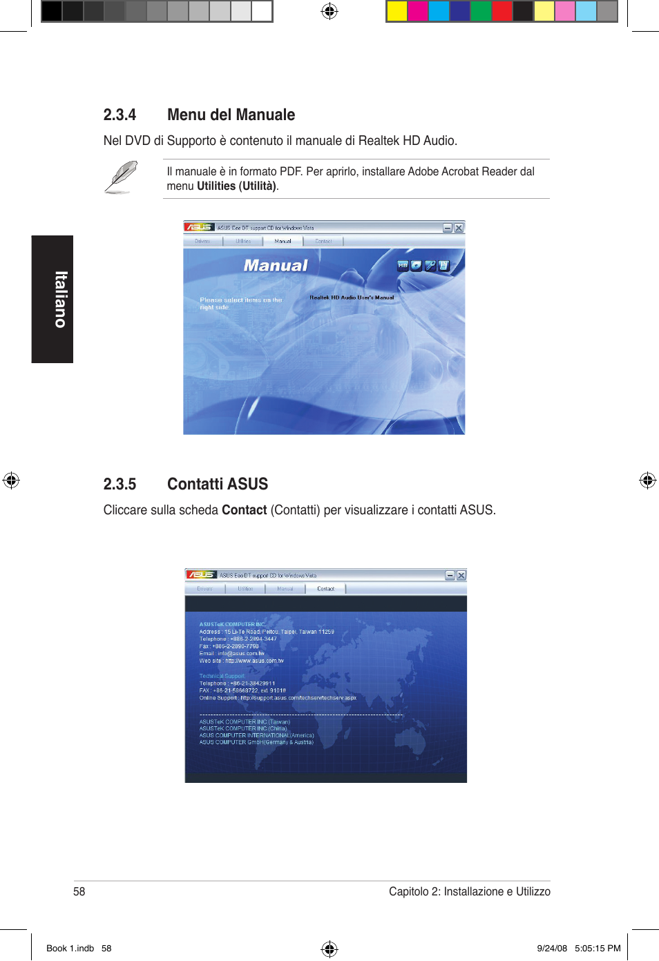 Italiano 2.3.4 menu del manuale, 5 contatti asus | Asus Essentio ES5000 User Manual | Page 59 / 174