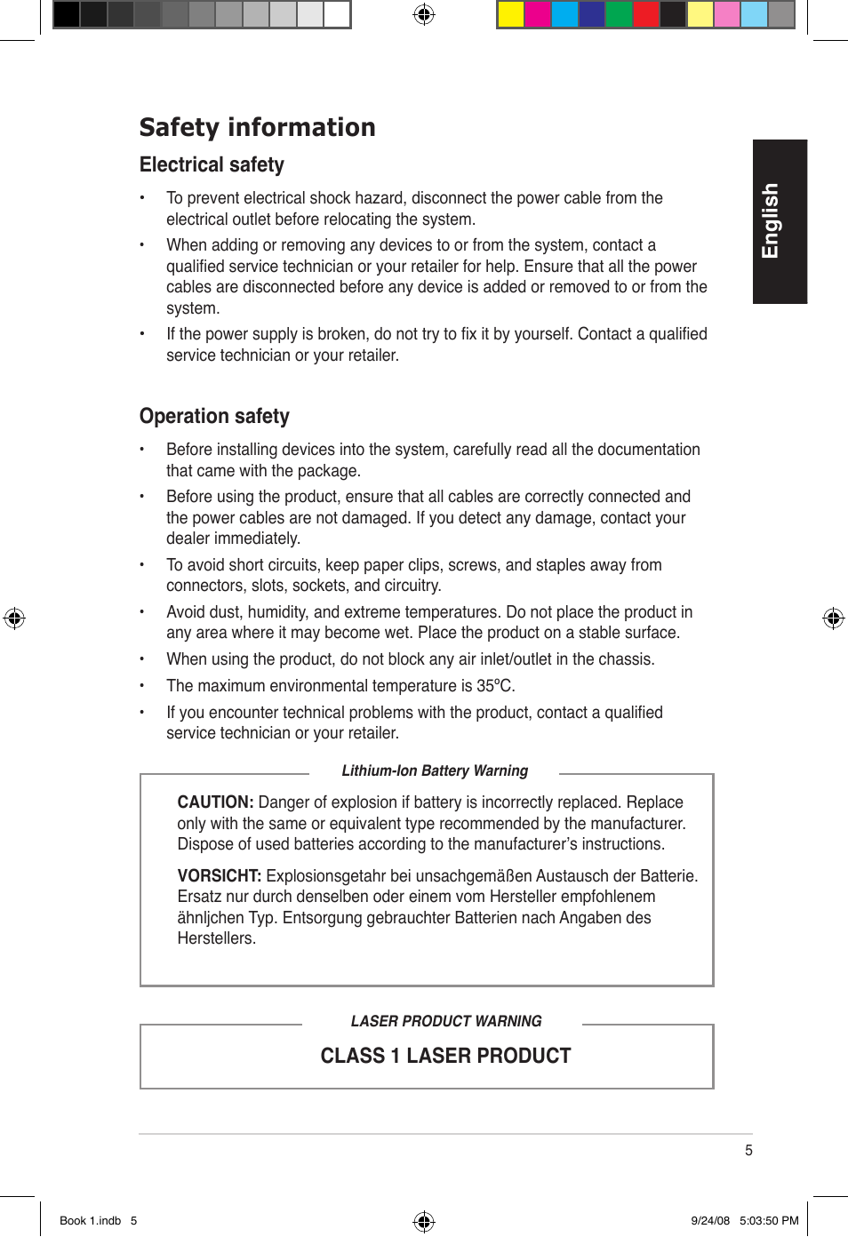 Safety information, English, Electrical safety | Class 1 laser product operation safety | Asus Essentio ES5000 User Manual | Page 6 / 174