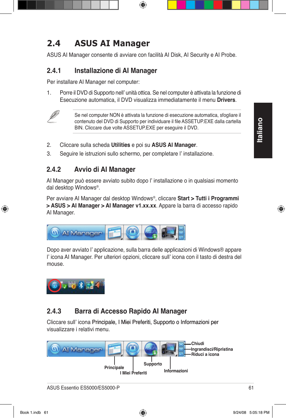 4 asus ai manager, Italiano, 1 installazione di ai manager | 2 avvio di ai manager, 3 barra di accesso rapido ai manager | Asus Essentio ES5000 User Manual | Page 62 / 174