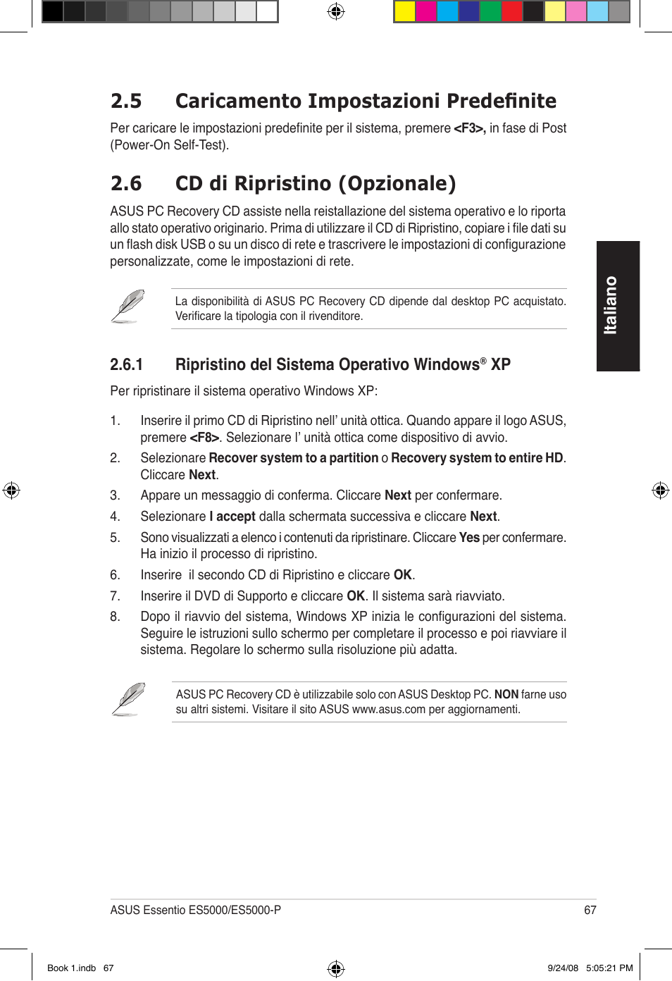 6 cd di ripristino (opzionale), 5 caricamento impostazioni predefinite | Asus Essentio ES5000 User Manual | Page 68 / 174