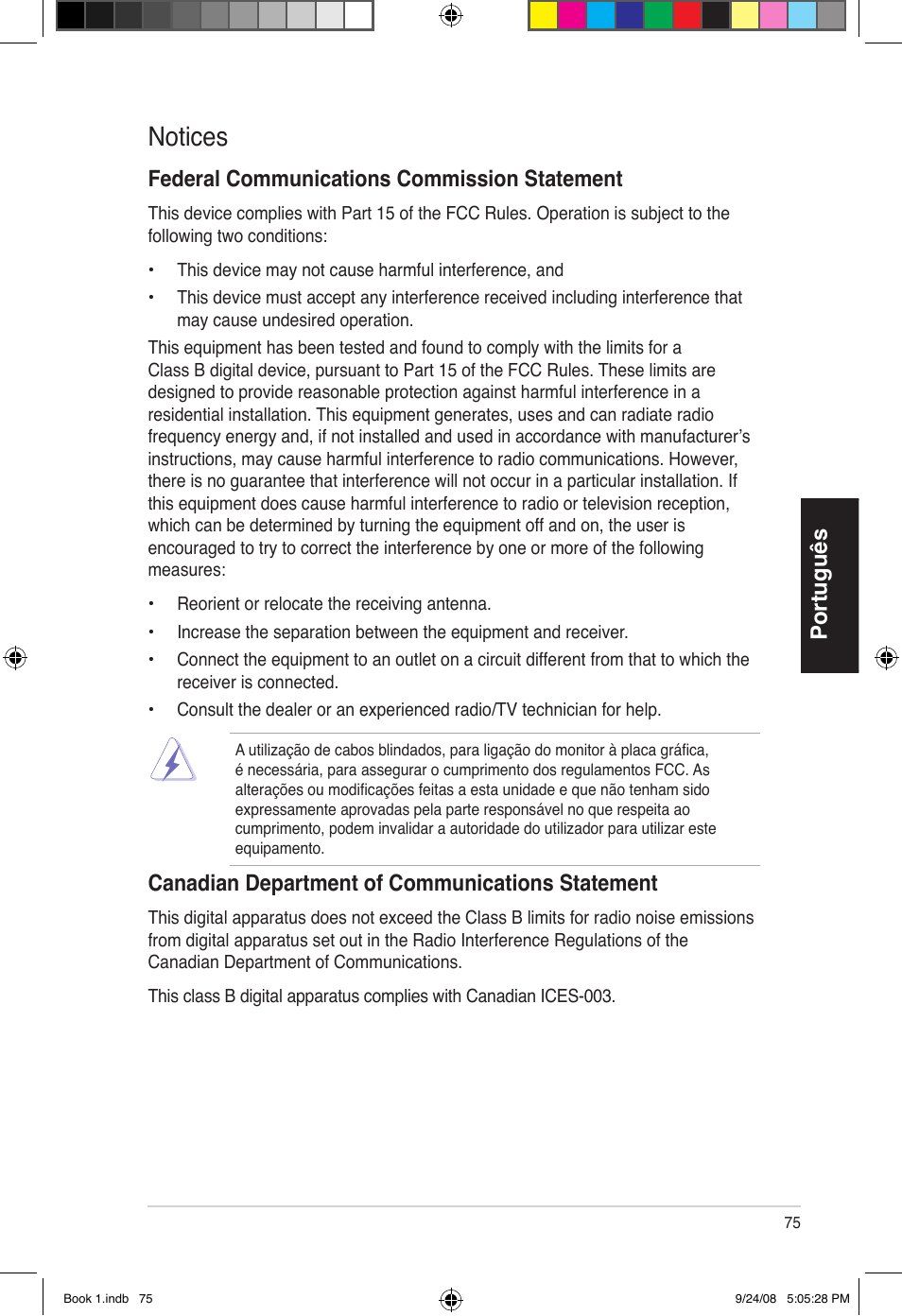 Notices, Português, Federal communications commission statement | Canadian department of communications statement | Asus Essentio ES5000 User Manual | Page 76 / 174