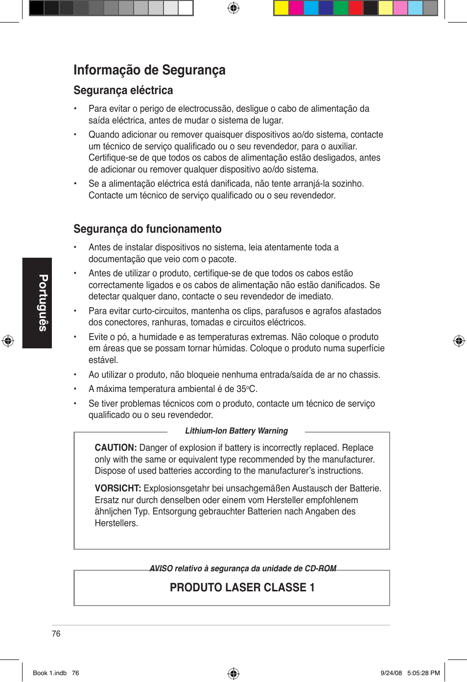 Informação de segurança, Português, Segurança eléctrica | Produto laser classe 1 segurança do funcionamento | Asus Essentio ES5000 User Manual | Page 77 / 174