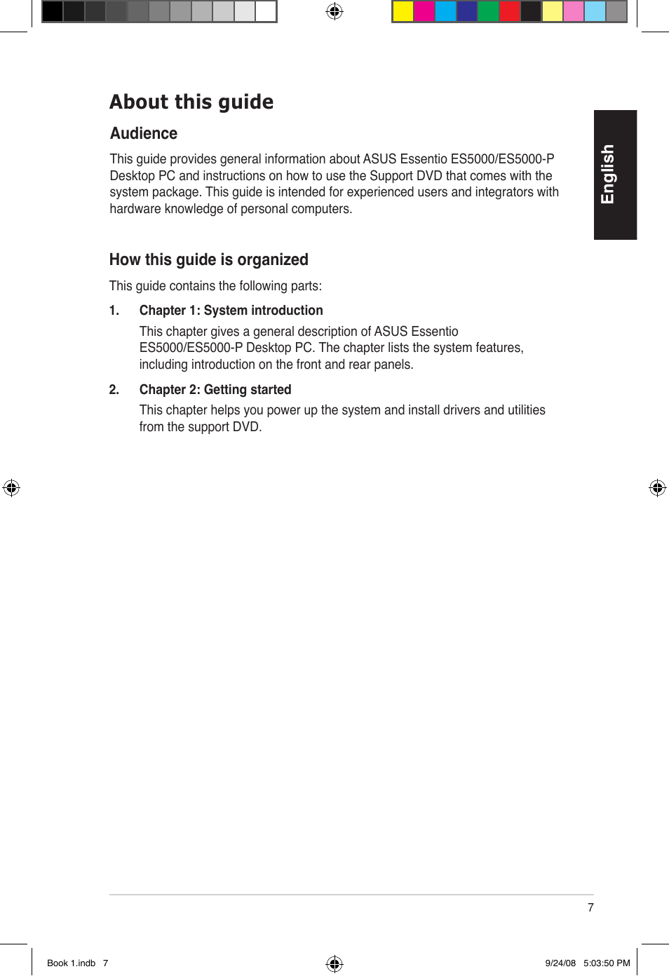 About this guide, English, How this guide is organized | Audience | Asus Essentio ES5000 User Manual | Page 8 / 174