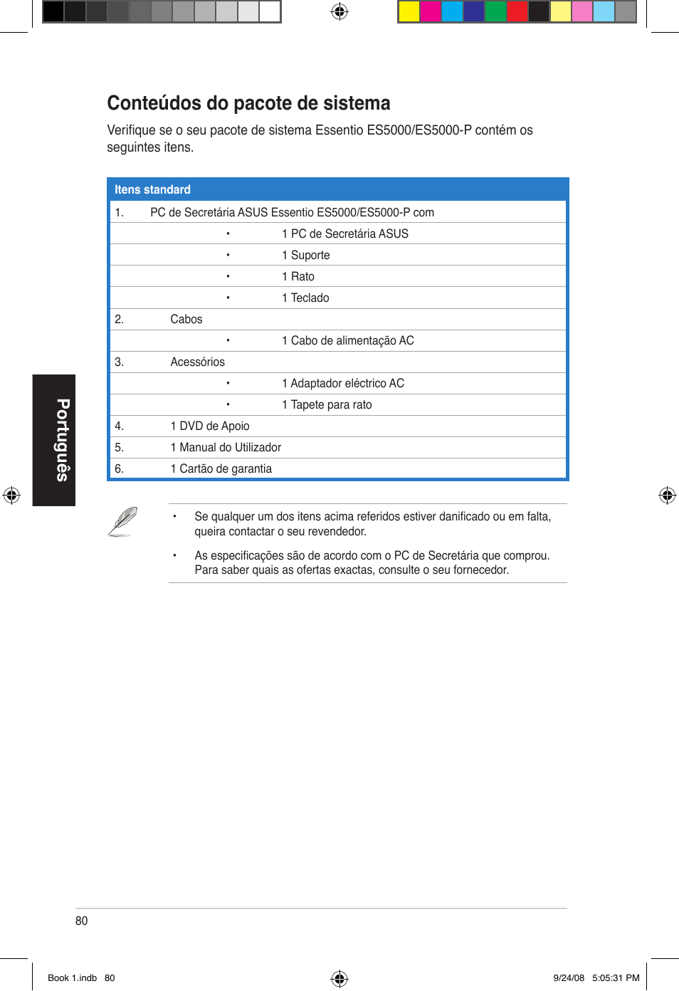 Conteúdos do pacote de sistema, Português | Asus Essentio ES5000 User Manual | Page 81 / 174