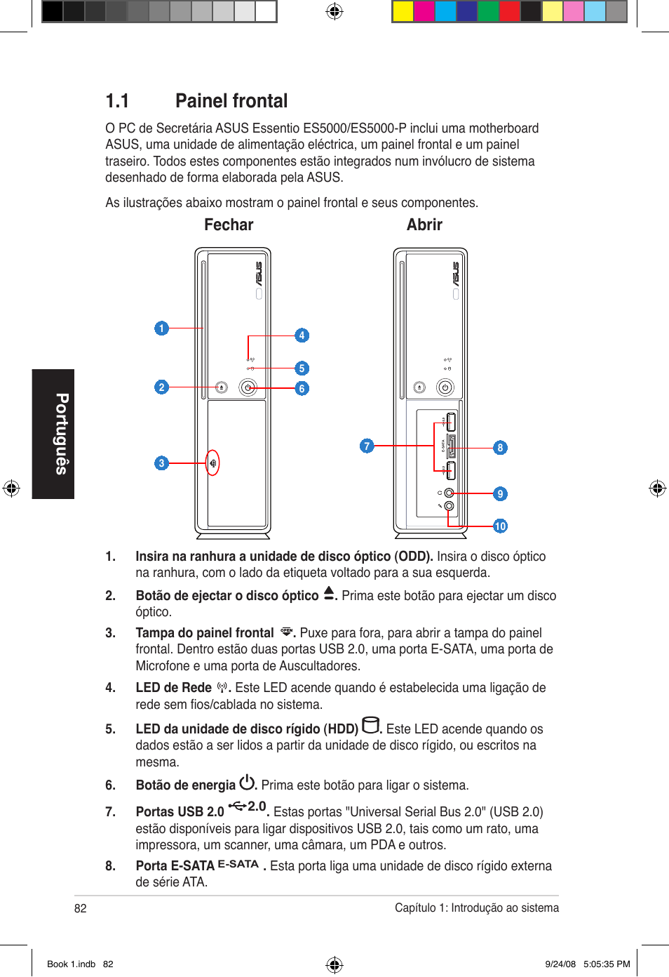 1 painel frontal, Português, Fechar abrir | Asus Essentio ES5000 User Manual | Page 83 / 174