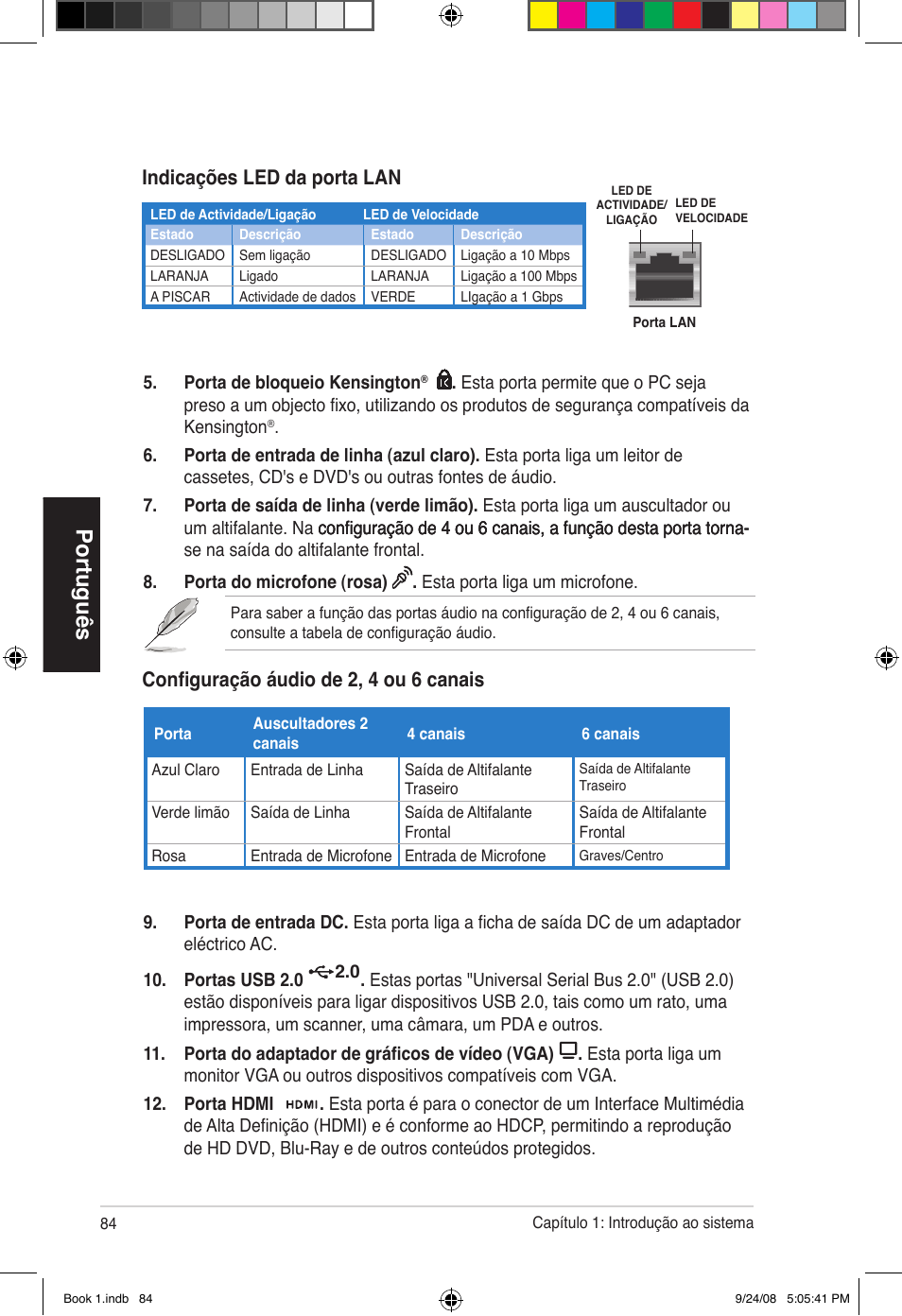 Português, Configuração áudio de 2, 4 ou 6 canais, Indicações led da porta lan | Asus Essentio ES5000 User Manual | Page 85 / 174