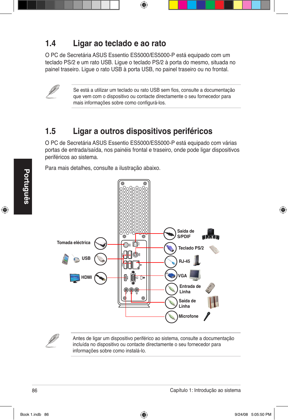 4 ligar ao teclado e ao rato, 5 ligar a outros dispositivos periféricos, Português | Asus Essentio ES5000 User Manual | Page 87 / 174